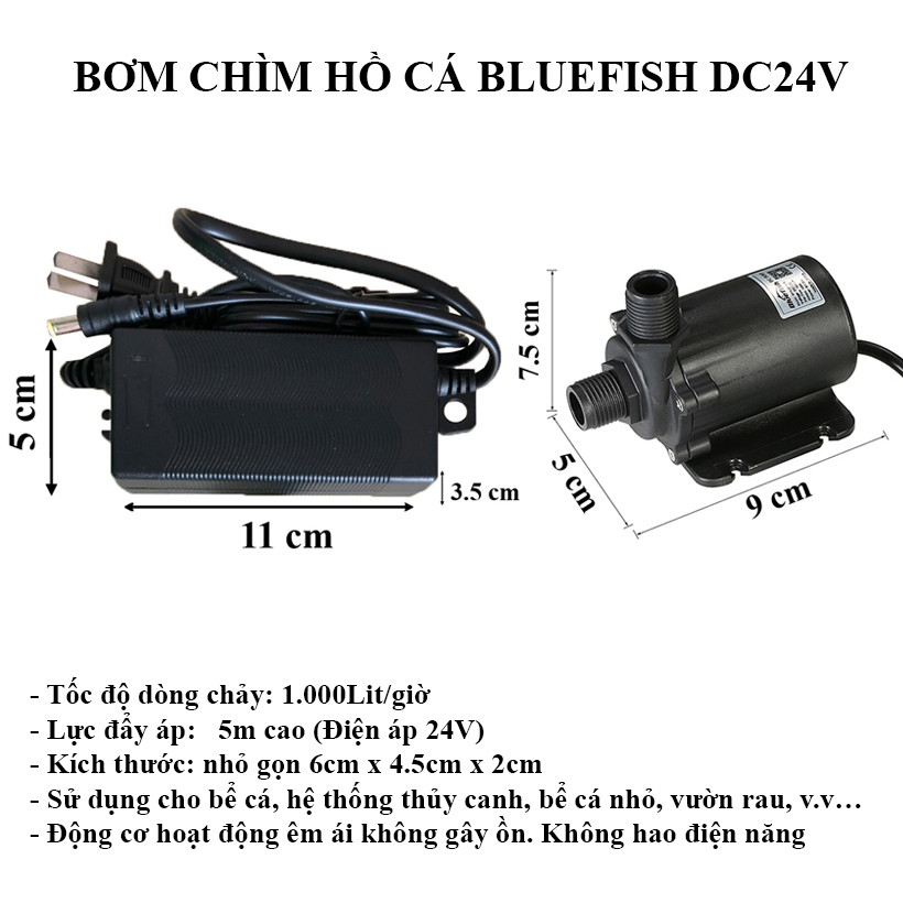 BƠM CHÌM HỒ CÁ BLUEFISH LOẠI NHỎ (24V DC) GIÁ THANH LÝ (1 bộ bao gồm 1 bơm chìm và 1 bộ AC chuyển đổi dòng điện) thích hợp sử dụng cho bể cá, hệ thống thuỷ canh, hồ thuỷ sinh nhỏ...