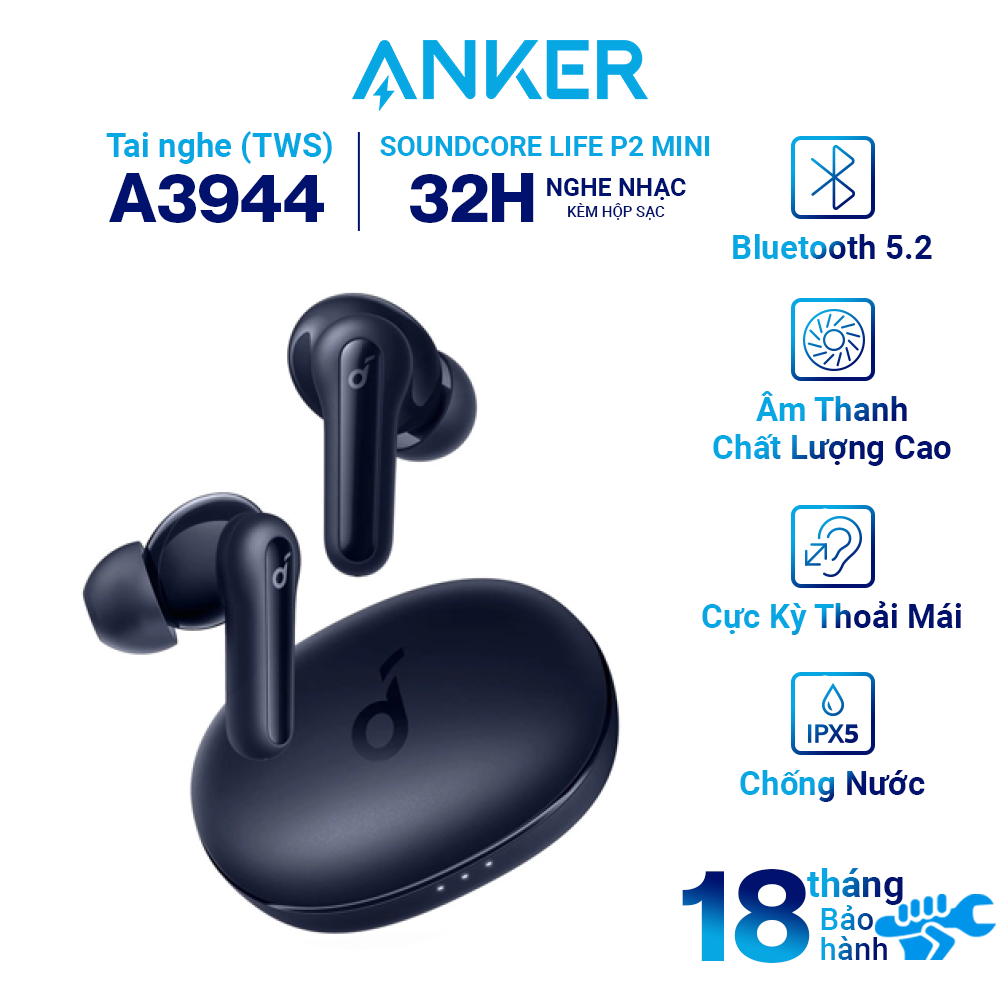 Tai Nghe Bluetooth ANKER Soundcore Life P2 Mini A3944 - True Wireless, Siêu Nhỏ Gọn, Âm Bass Ấn Tượng, 3 Chế Độ EQ, Bluetooth 5.2, Pin 32h - Hàng Chính Hãng