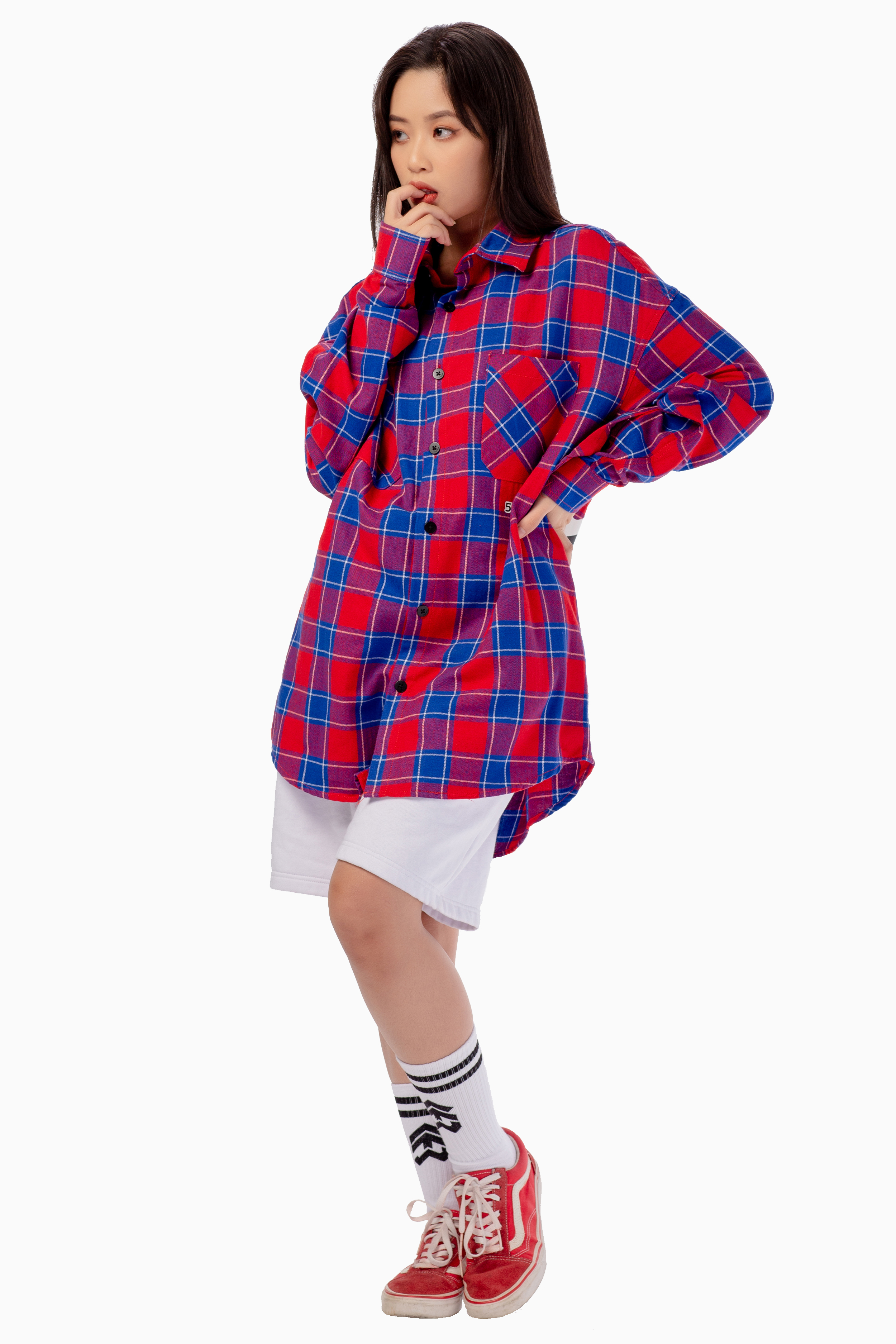 Áo Sơ Mi Flannel 5THEWAY Tay Dài Sọc Caro Đỏ aka /stroke/ BIG LOGO FLANNEL SHIRT in RE/WH