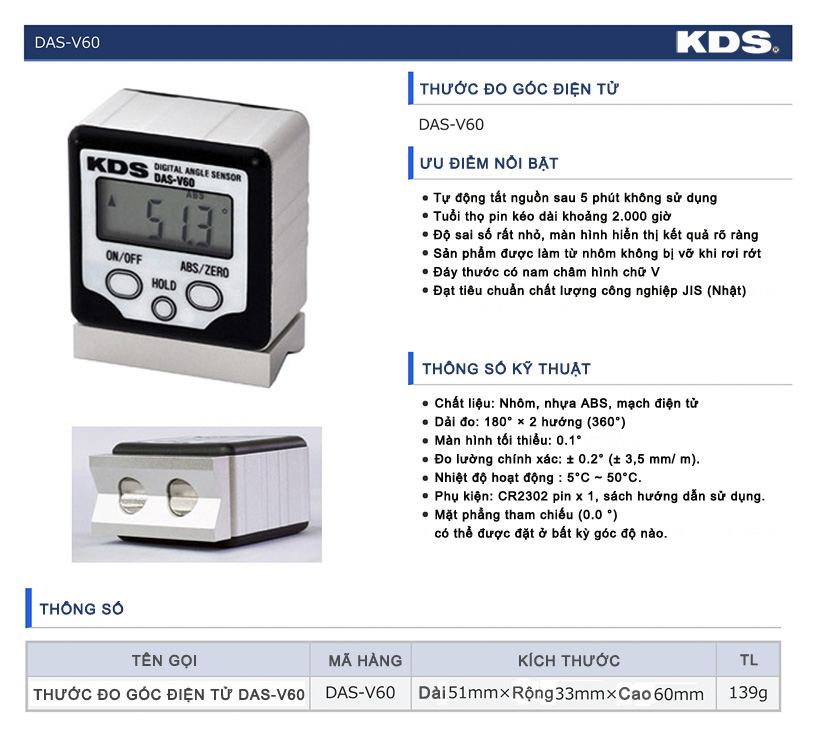 Thước thủy kỹ thuật số (Thước đo góc điện tử) chân V DAS-V60