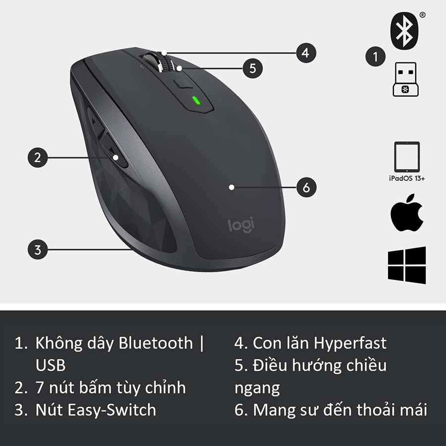 Chuột không dây Bluetooth Logitech MX Anywhere 2s - nhỏ gọn, dùng mọi bề mặt, con lăn HyperFast, sạc nhanh USB-A, phù hợp Mac/ Laptop - Hàng chính hãng