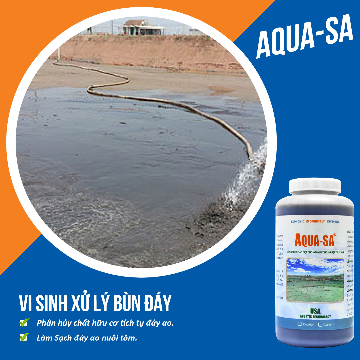 AQUA-SA - Vi sinh xử lý bùn đáy ao nuôi trồng thủy sản - Chai 1 quarter (≈ 1 lít)