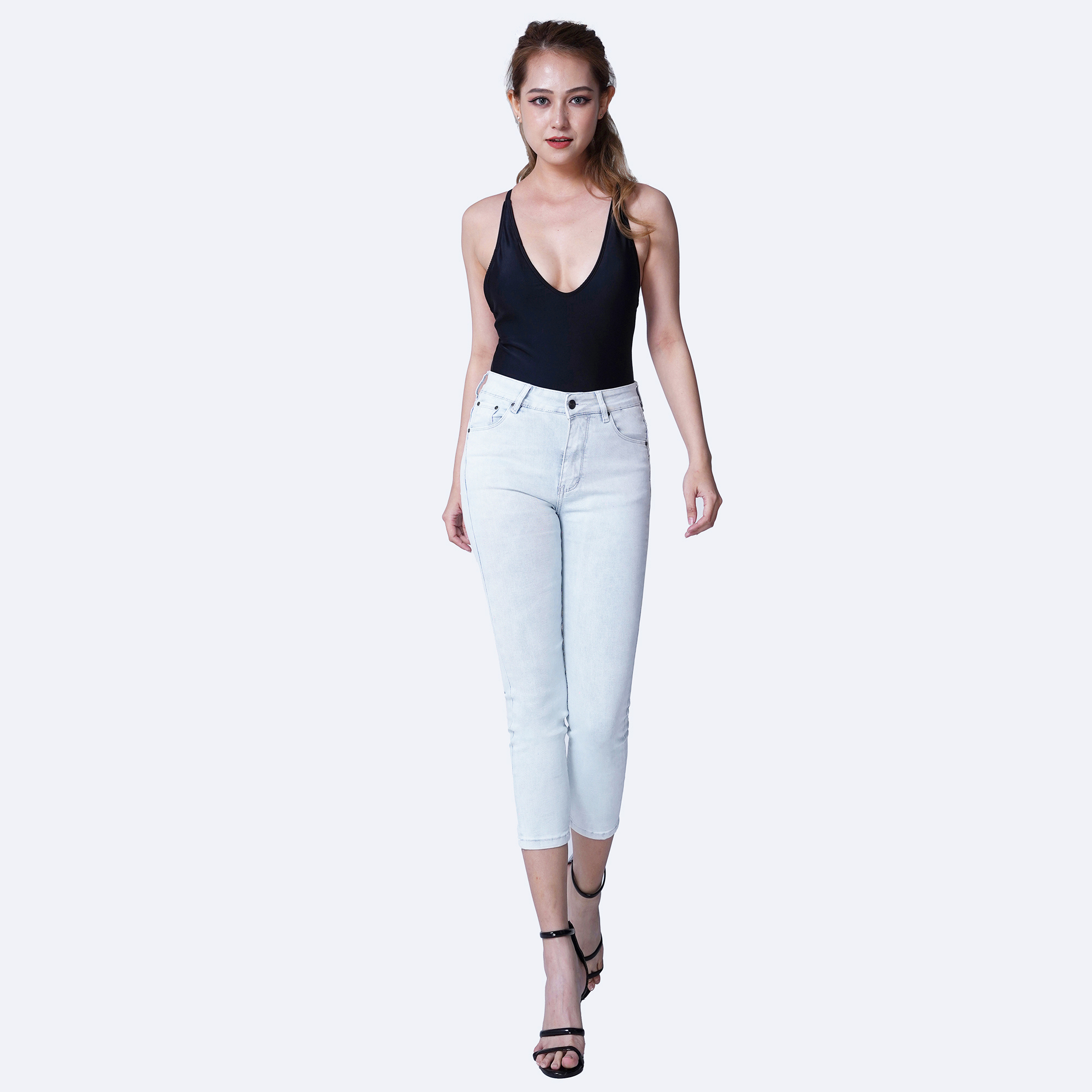 Quần Jean Nữ Aaa Jeans Skinny Lưng Cao Dáng Lửng Màu Snow Blue