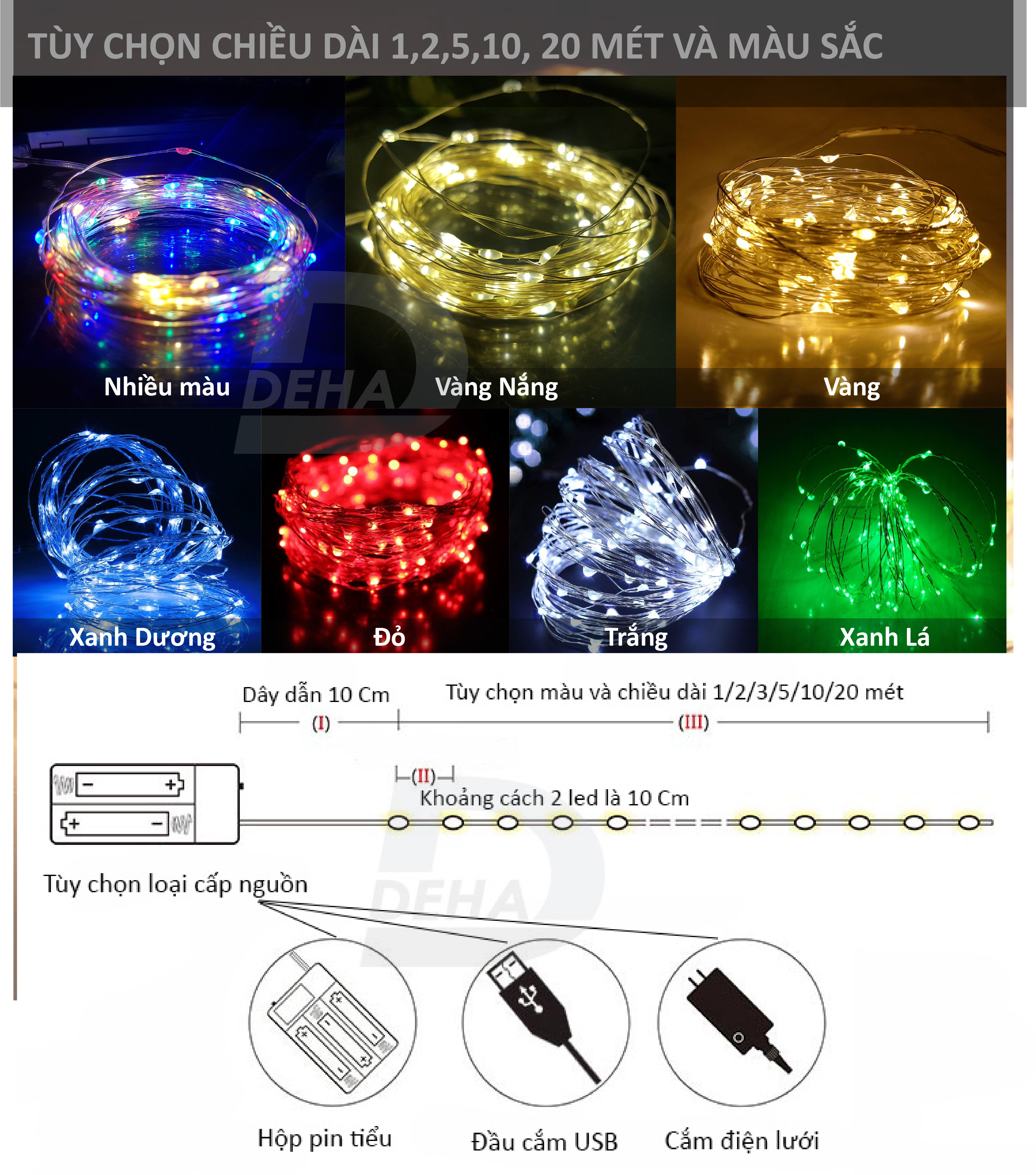 Dây đèn led đom đóm trang trí decor phòng, du lịch cắm trại, fairy light cao cấp (tùy chọn loại nguồn cấp, chiều dài dây và màu sắc)