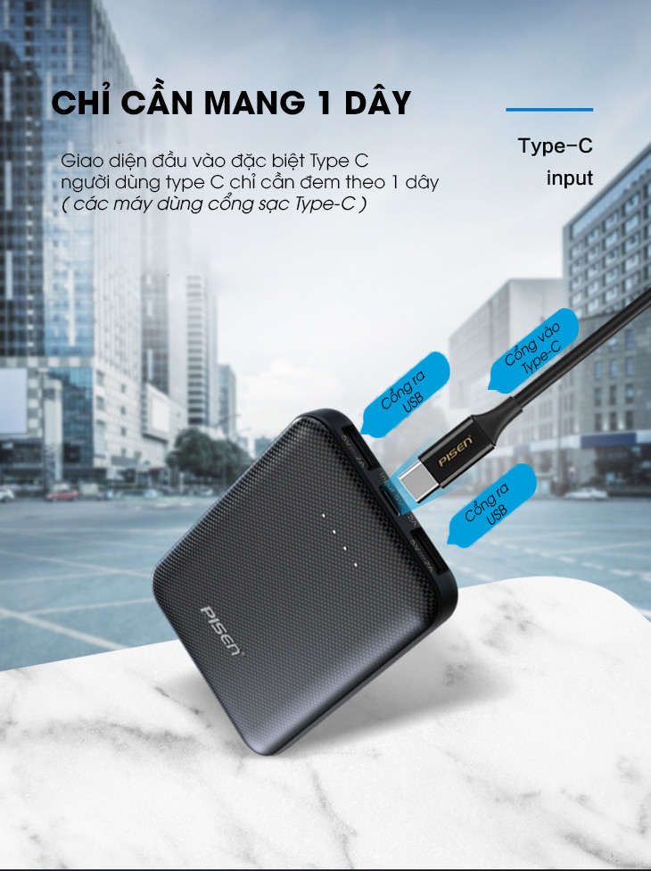 Pin sạc dự phòng Pisen mini 5000mah (Type-C, 2xUSB Smart ) - hàng chĩnh hãng