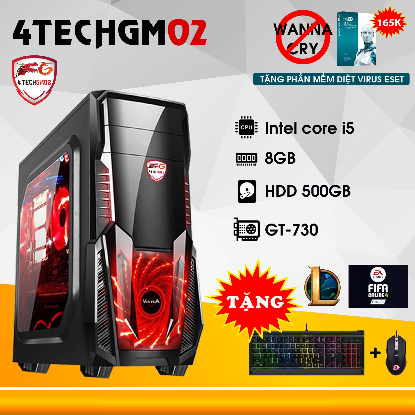 Máy tính chơi Game 4TechGM02 Core i5, RAM 8GB, HDD 500GB, VGA GT730 (chuyên LOL, FIFA, Stream) - Hàng Chính Hãng.