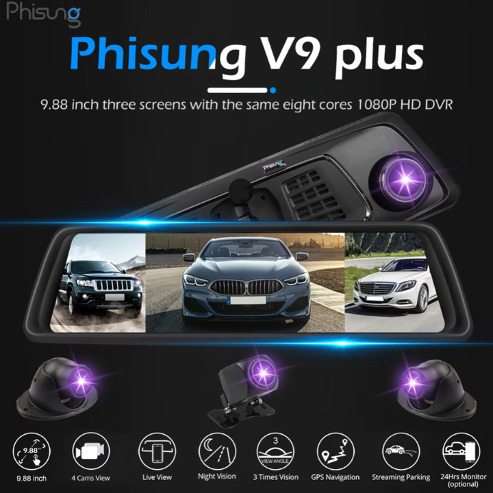 Camera hành trình cao cấp Phisung V9 Plus tích hợp 4 camera, Android Wifi GPS