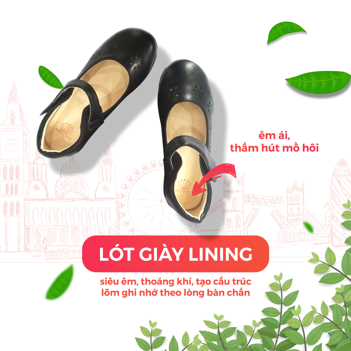 Giày Búp Bê Đi Học Bé Gái Crown Space UK School Shoes CRUK3029 Cao Cấp Nhẹ Êm Thoáng Mát Size 28-36/4-14 Tuổi