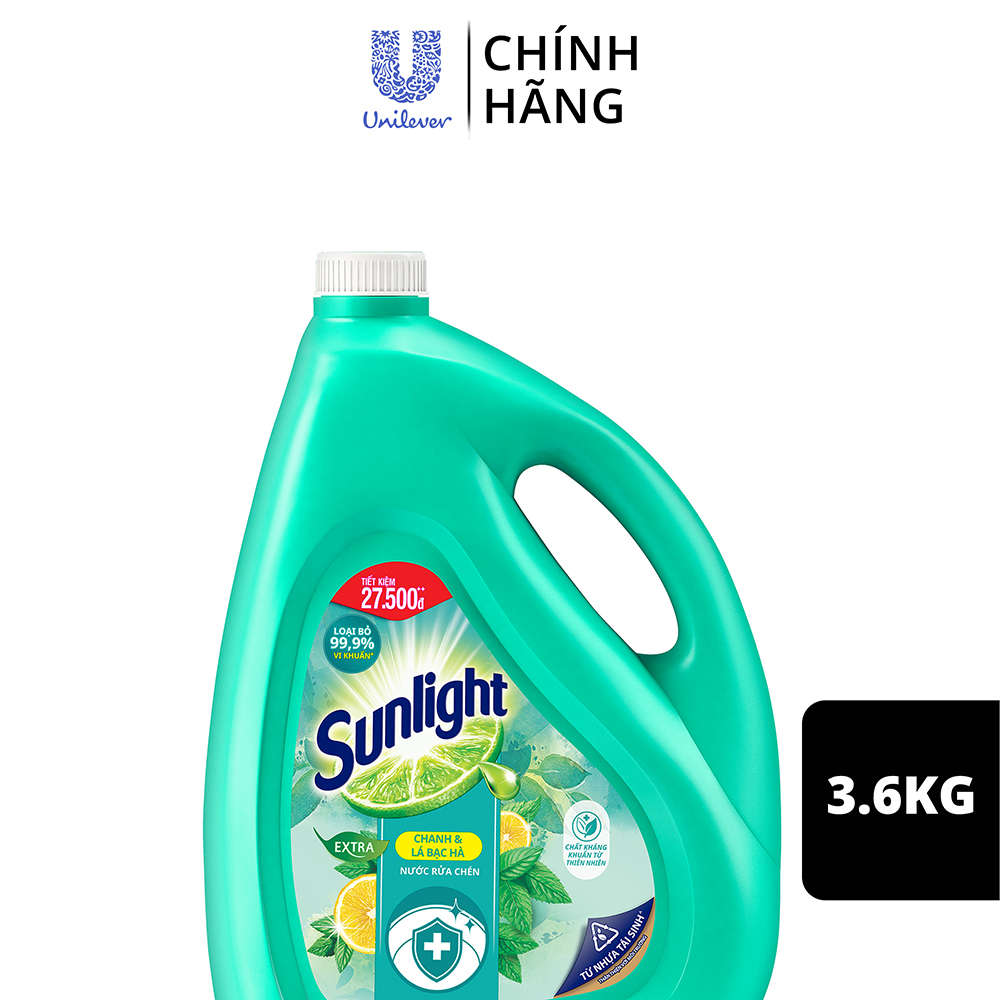 Nước Rửa Chén Bát Sunlight Diệt Khuẩn Chiết xuất Chanh và Lá Bạc Hà 3.6kg