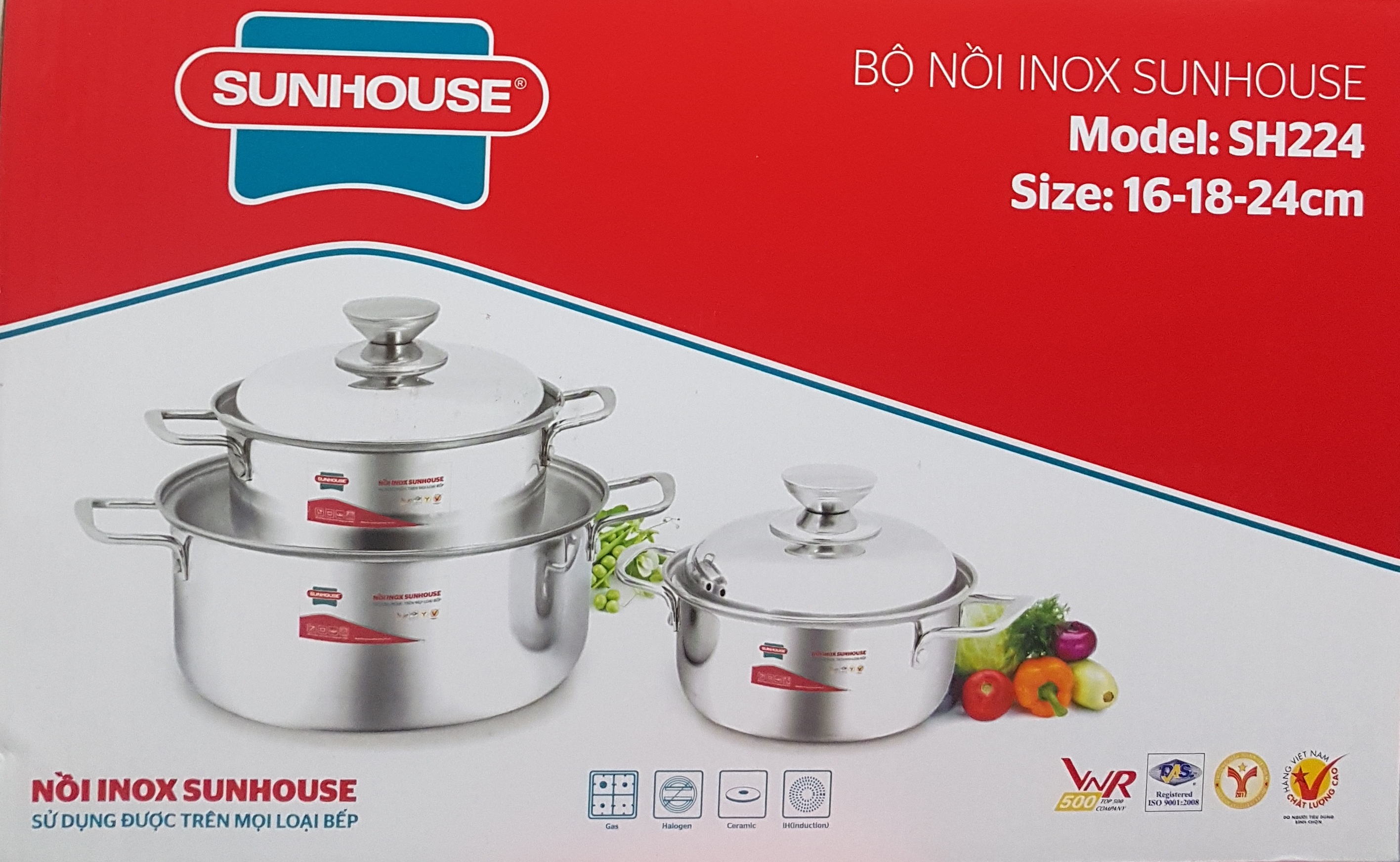 Bộ 3 Nồi Inox 1 Đáy Sunhouse SH224 Dùng Mọi Bếp (16-18-24cm) - Chính Hãng