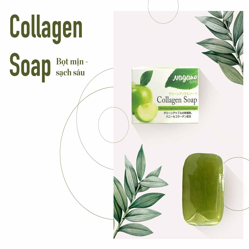 Xà Phòng Rửa Mặt Chiết Xuất Táo Xanh Nagano Japan 100g - Green Apple Collagen Soap Nagano - Làm sạch dầu, bụi bẩn, ngừa mụn và se khít lỗ chân lông