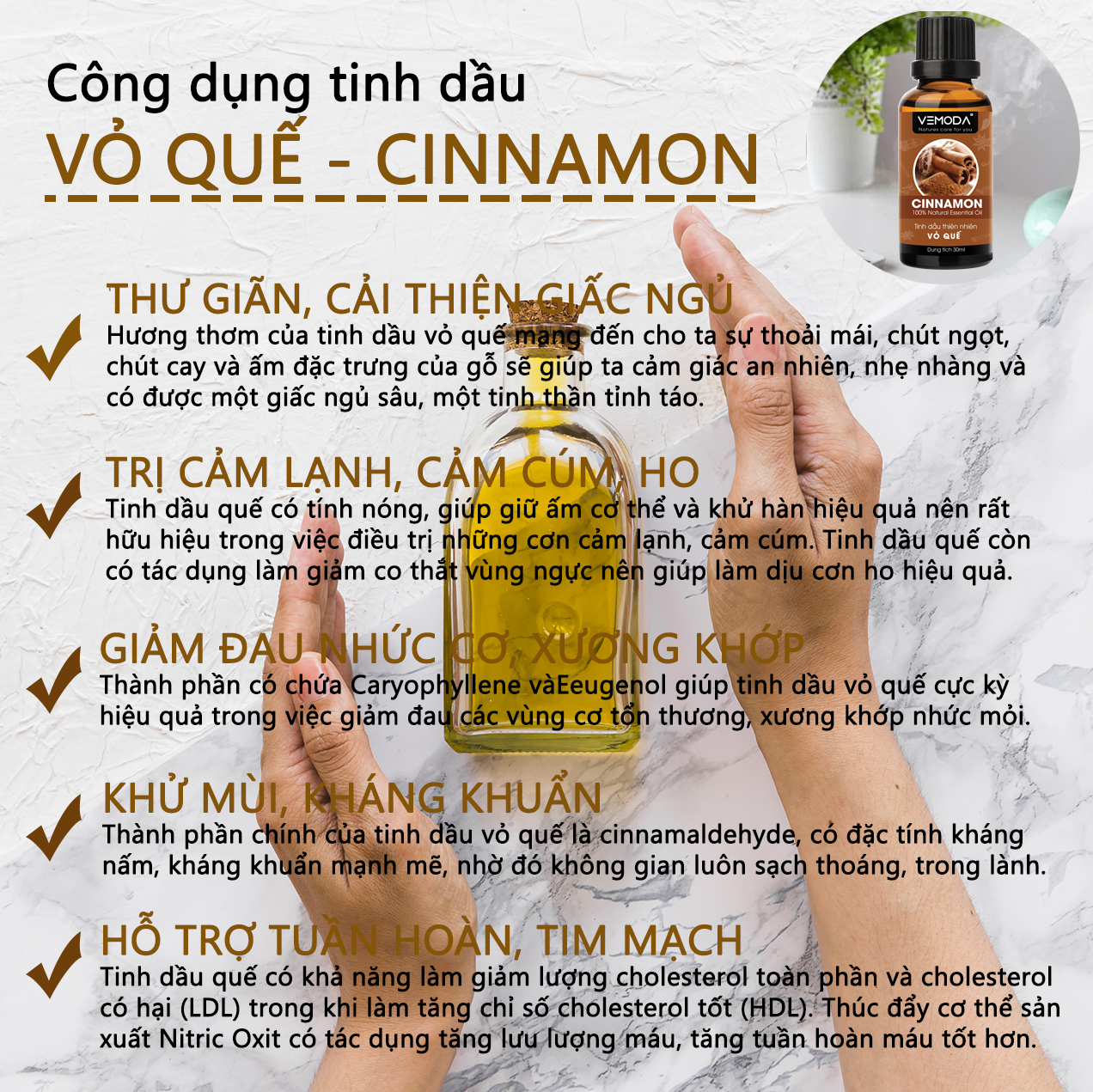 Tinh dầu Vỏ quế cao cấp 50ML Cinnamon. Tinh dầu xông phòng Vemoda giúp khử mùi, thư giãn, cải thiện giấc ngủ, trị cảm lạnh, giảm đau nhức, giảm mỡ bụng hiệu quả