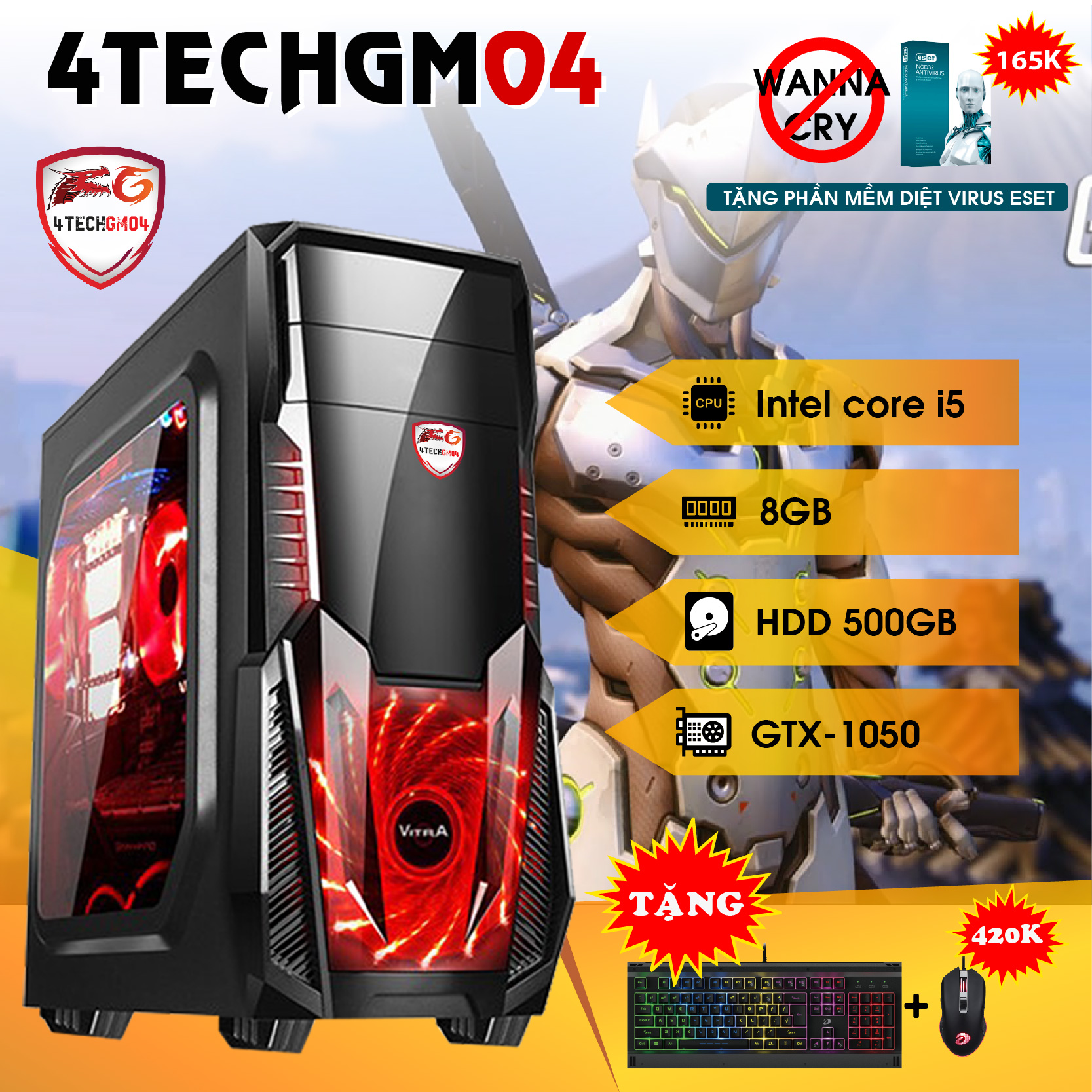 Máy tính chơi Game 4TechGM04 core i5, ram 8GB, hdd 500G, vga GTX1050 (chuyên GTA, Overwatch) - Hàng Chính Hãng.