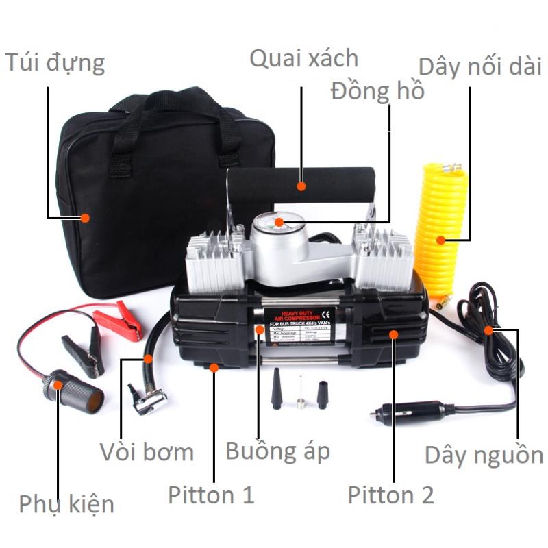 Máy bơm lốp ô tô 12V TBO-350W 2 pít tông, Bơm lốp xe hơi, bơm vỏ xe Sedan, SUV, Bán tải, Xe tải nhỏ