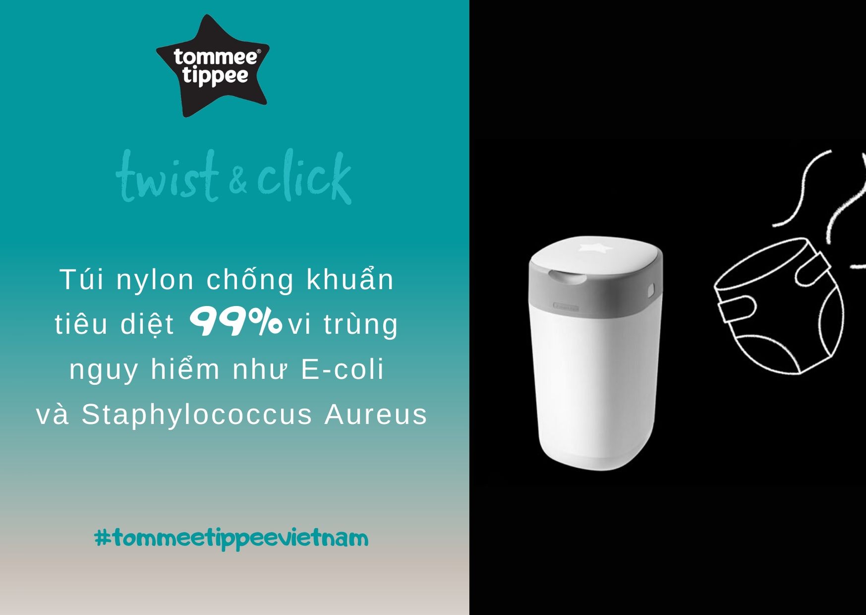 Thùng xử lý tã cho bé Tommee Tippee – Twist &amp; Click – Trắng