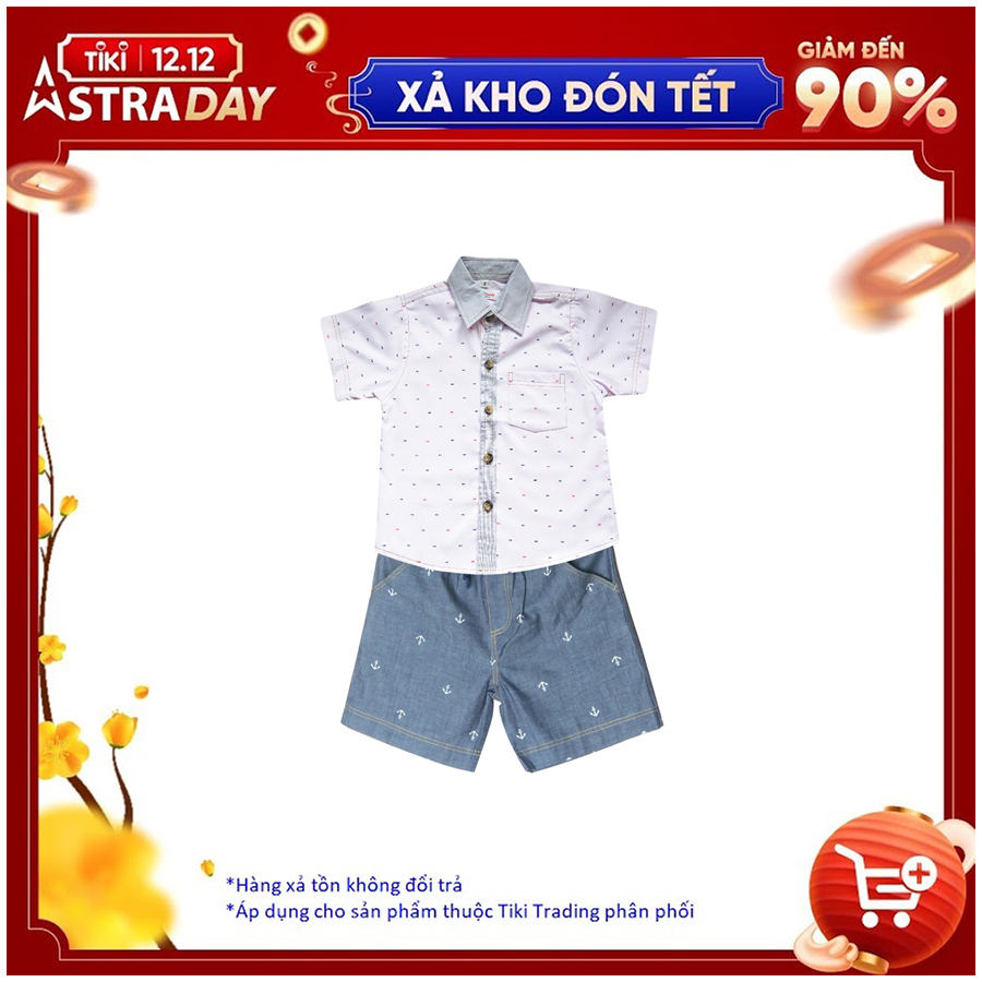 Set Quần Short Xanh Và Áo Sơ Mi Họa Tiết Xương Cá Cuckeo Kids QSSM017