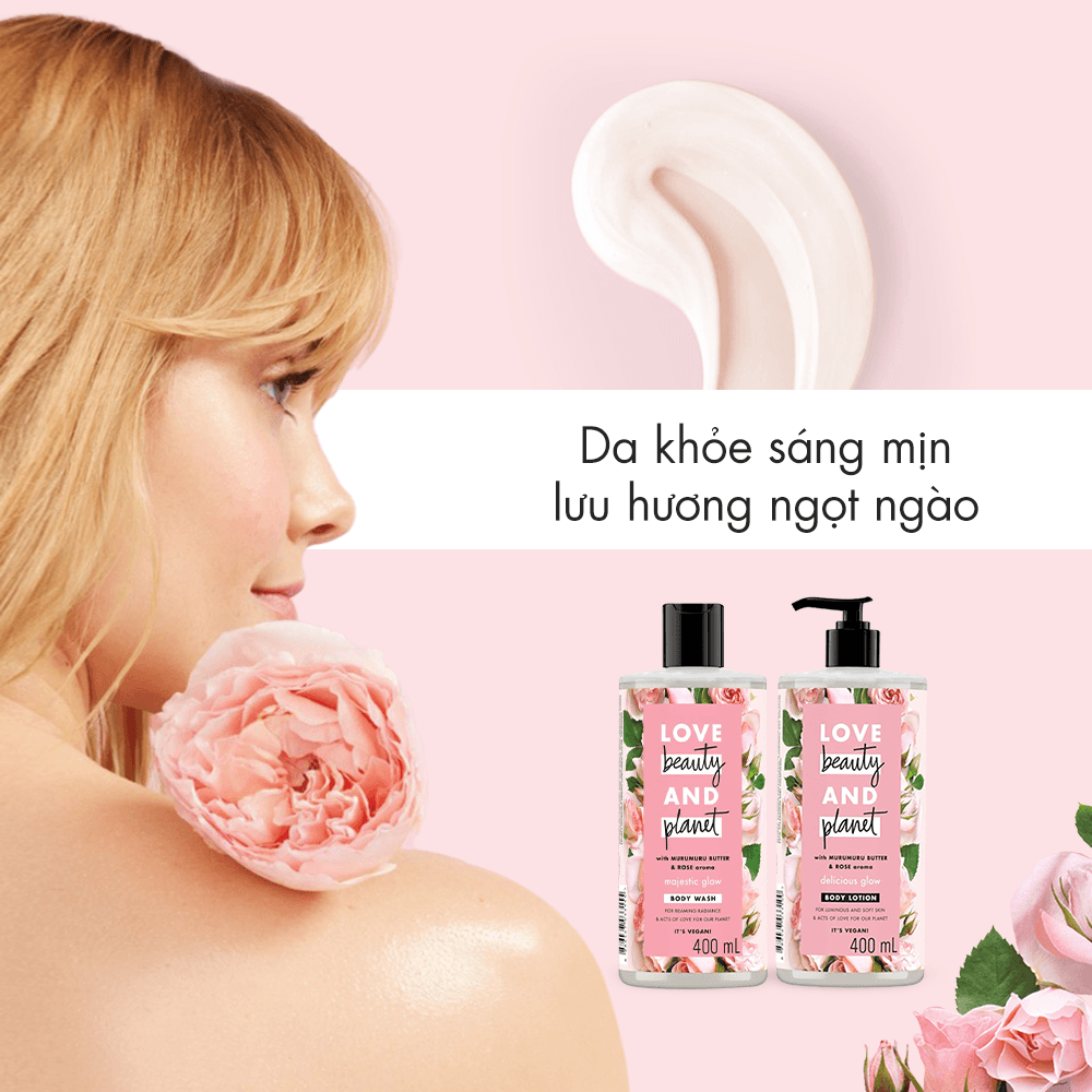 Bộ sản phẩm nuôi dưỡng tóc óng mượt và da khỏe sáng mịn Love Beauty and Planet với 100% tinh dầu hoa hồng Bulgaria 400ml