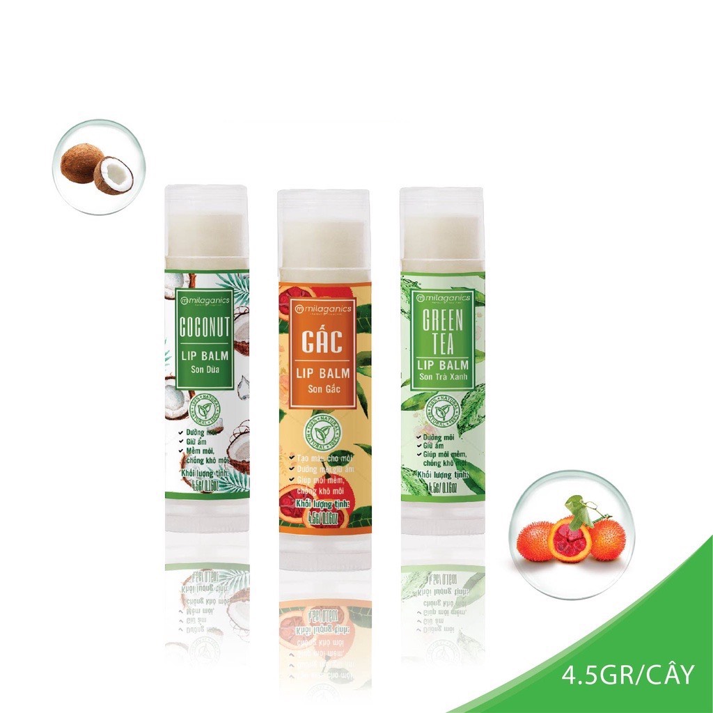 Combo Son Trà Xanh + Son Gấc + Son Dừa Dưỡng Môi, Giảm Thâm, Hồng Môi Milaganics (4.5g / Cây)