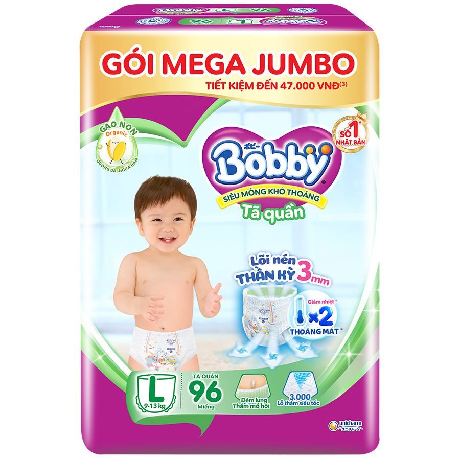 Tã/bỉm quần Bobby Lõi nén thần kỳ 3mm Mega Jumbo Gạo Non M112/L96/XL84/XXL76