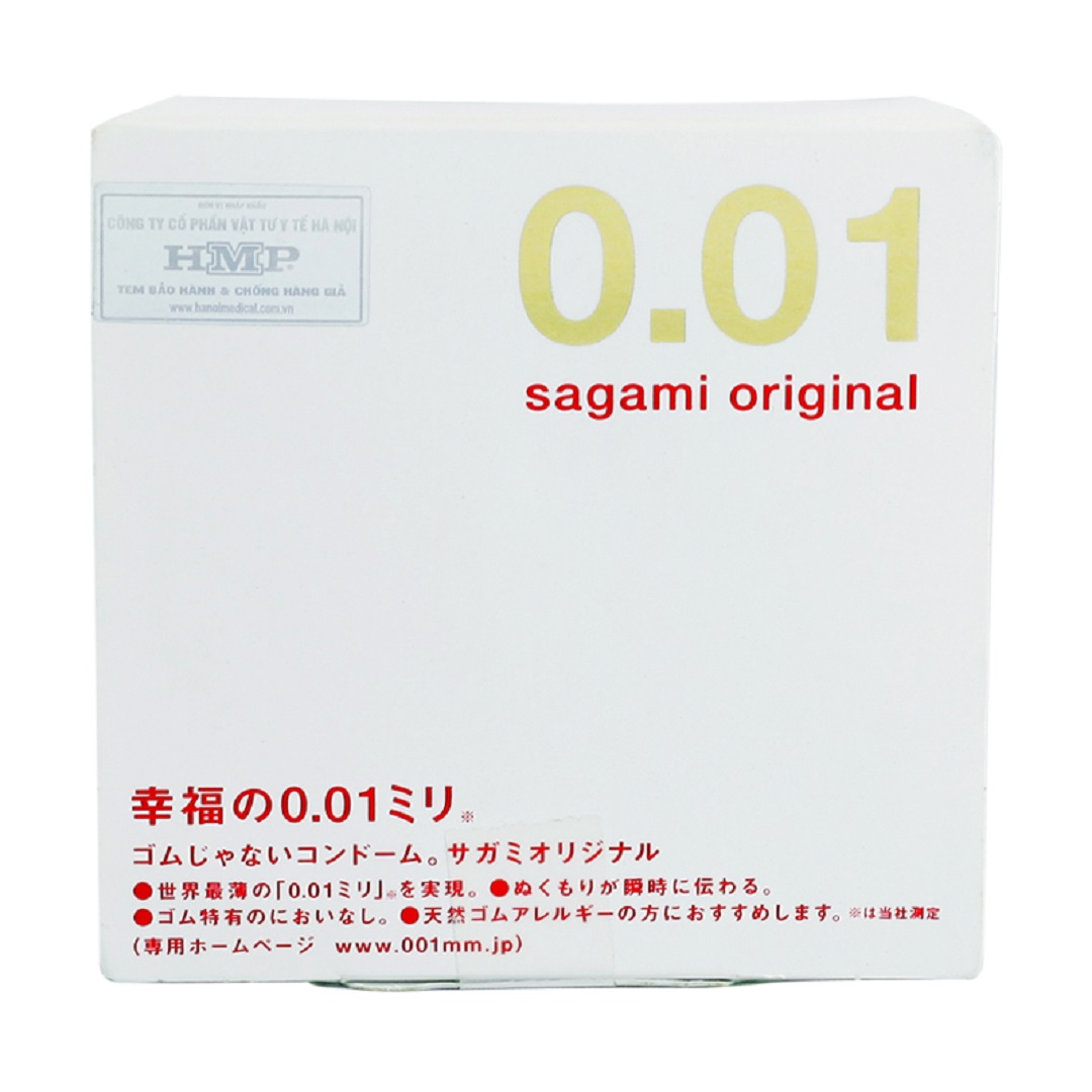 Bao cao su siêu mỏng Nhật Bản Sagami Original 0.01 (Hộp 1 chiếc), không mùi, truyền nhiệt nhanh, kiểu cổ điển, mỏng chỉ 0.01 mm, làm từ Polyurethane sử dụng được cho người bị dị ứng cao su