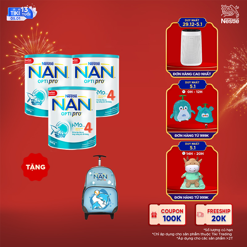 Combo 3 Lon Sữa Bột Nestlé NAN OPTIPRO HM-O 4 900g - Tặng 01 Balo kéo Cá Heo Màu Xanh Ngọc