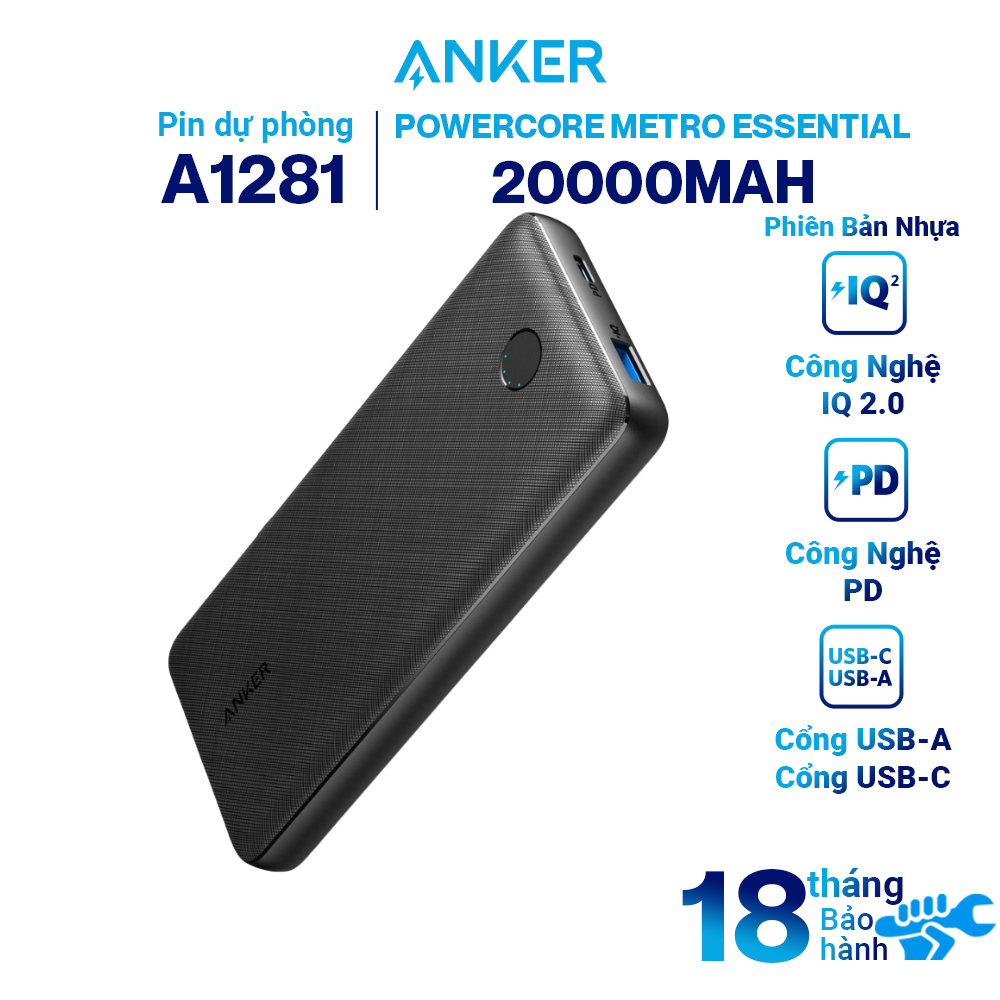 Pin Sạc Dự Phòng Tích Hợp Cổng USB Type-C In/Out Hỗ Trợ Power Delivery PD Anker Essential 20000mAh PD - A1281 - Hàng Chính Hãng