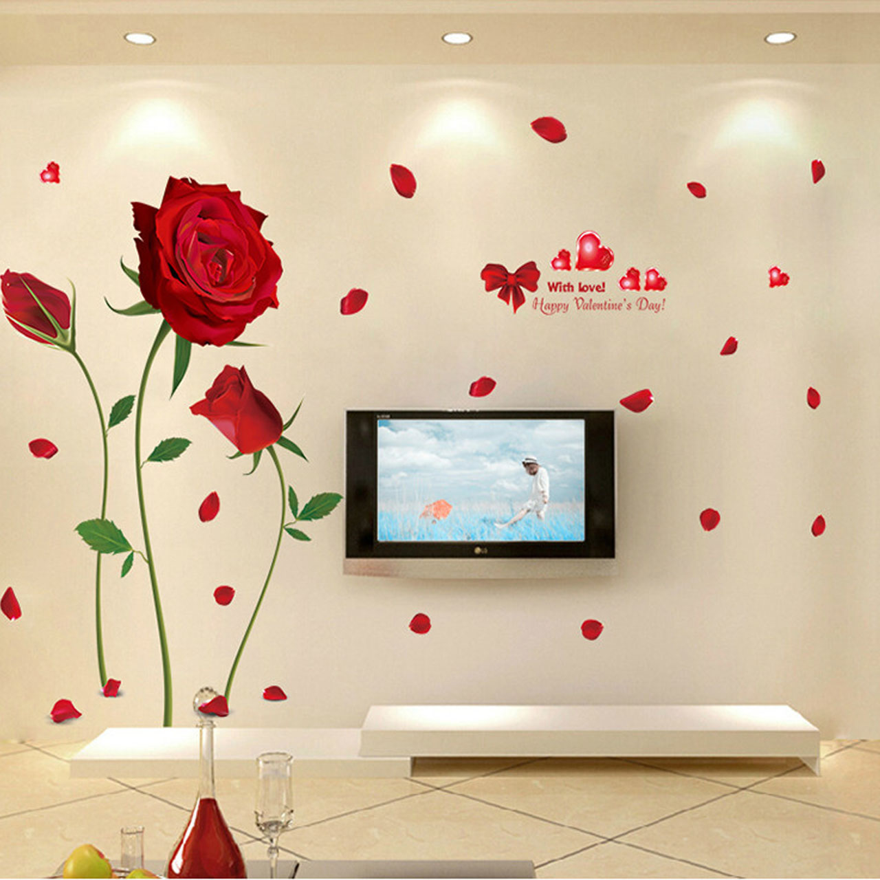 Decal dán tường trang trí phòng khách, phòng cưới-Hoa hồng đỏ 3 bông-mã sp XL8178