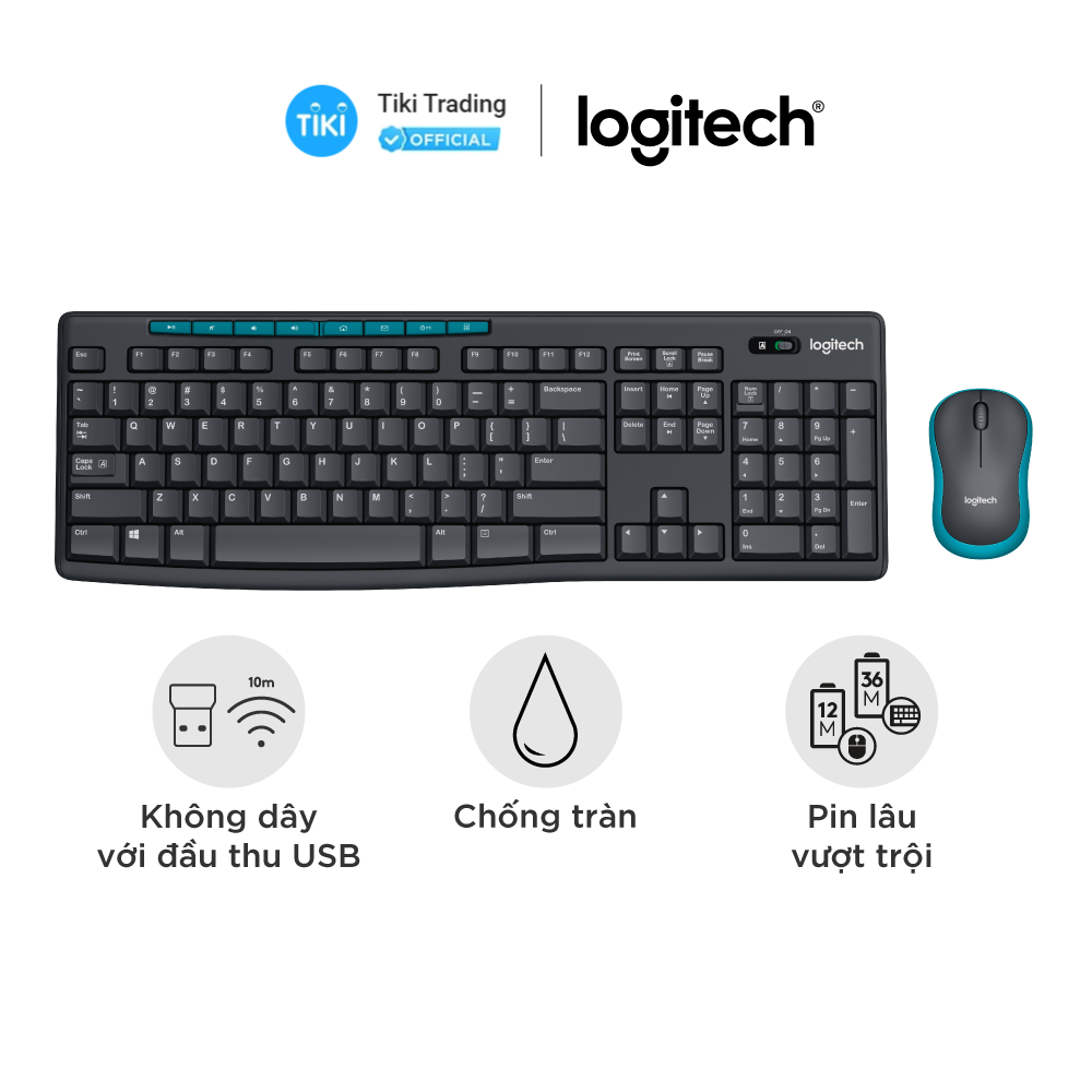 Combo chuột phím không dây Logitech MK275 - Phím media và viền chuột có màu xanh nổi bật, 1 đầu thu USB, pin lâu vượt trội - Hàng chính hãng