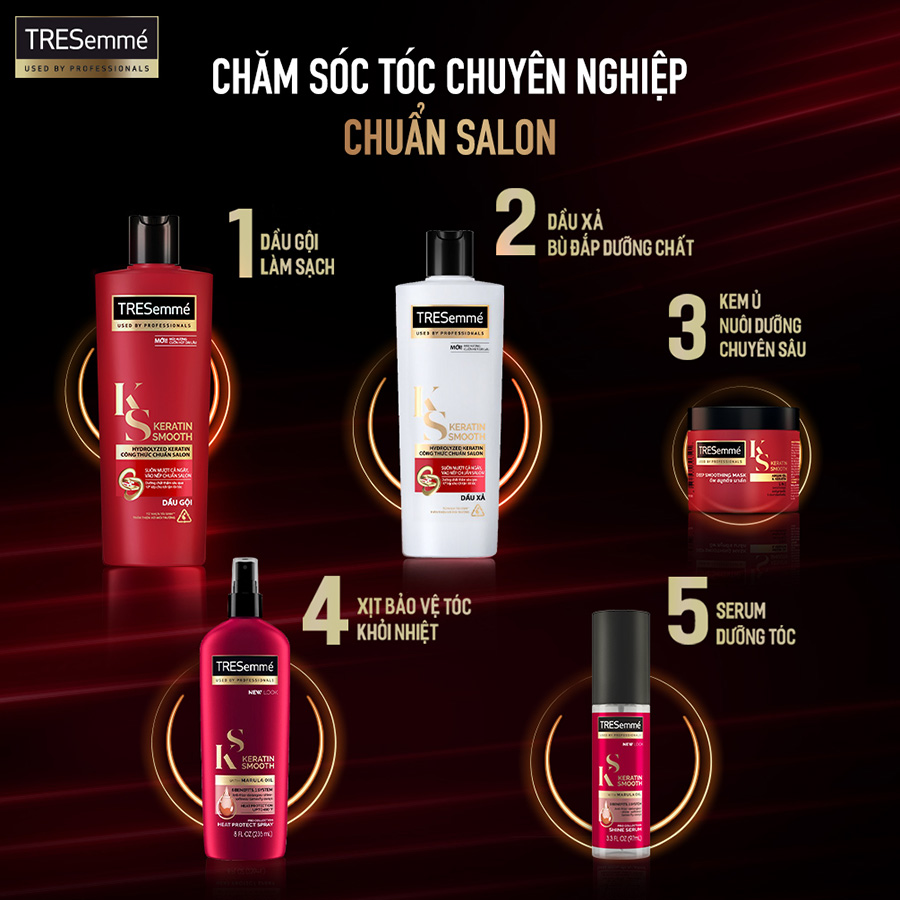 Combo Dầu gội, Dầu xả, Kem ủ &amp; Serum TRESEMME Keratin Smooth Dưỡng tóc vào nếp suôn mượt với công thức Hydrolyzed Keratin 640g, 620g, 180ml, 97ml