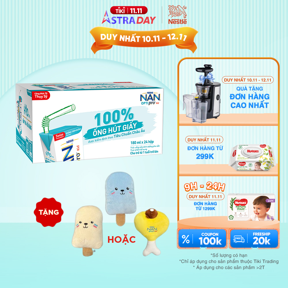 Thùng 24 Hộp Sữa Dinh Dưỡng Pha Sẵn NESTLE NAN OPTIPRO Kid 180ml/Hộp - Tặng Gối Ôm Ngẫu Nghiên