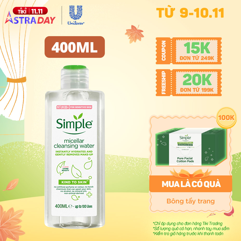 Combo 2 Nước tẩy trang Simple Micellar làm sạch 99% trang điểm, cho da thoáng mịn tức thì 400ml và 200ml [CHAI LỚN TIẾT KIỆM 111K]