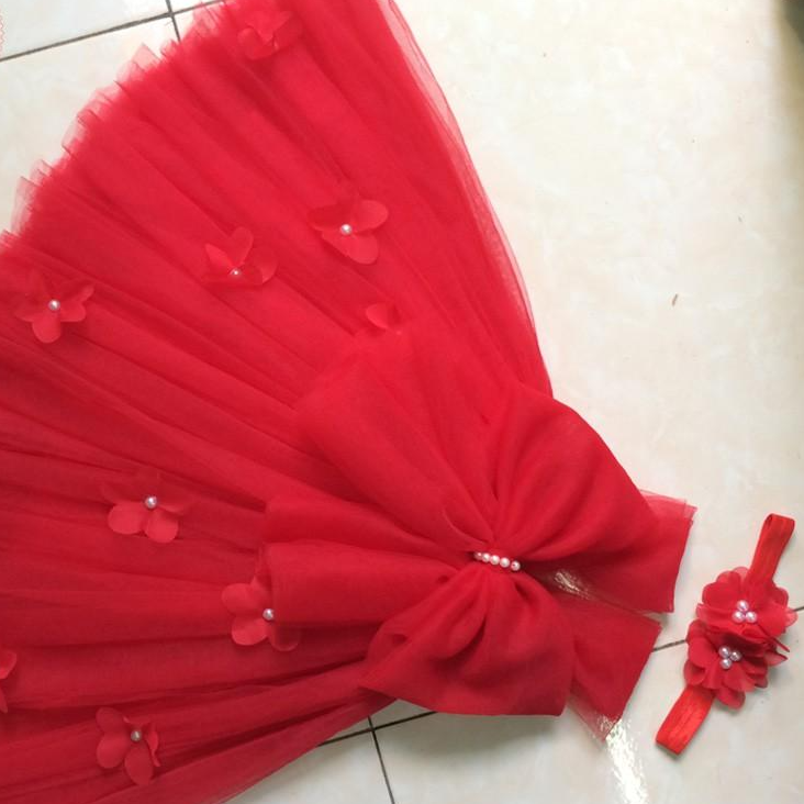 Váy công chúa đỏ nơ hoa dải cho bé yêu