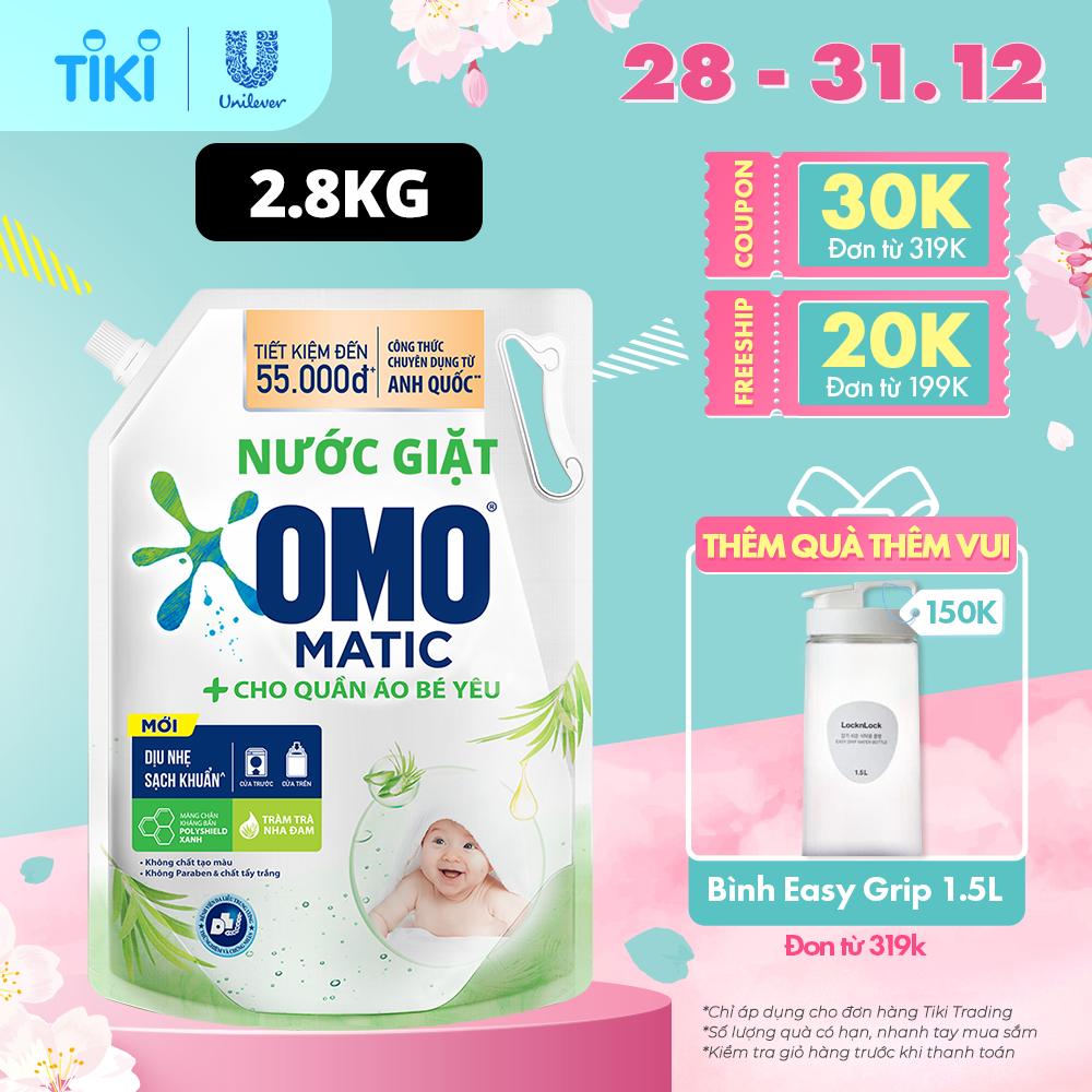 TúI Nước Giặt Omo Matic Cho Quần Áo Bé Yêu Chiết Xuất Tràm Trà Và Nha Đam Dịu Nhẹ, Sạch Khuẩn 2.8Kg