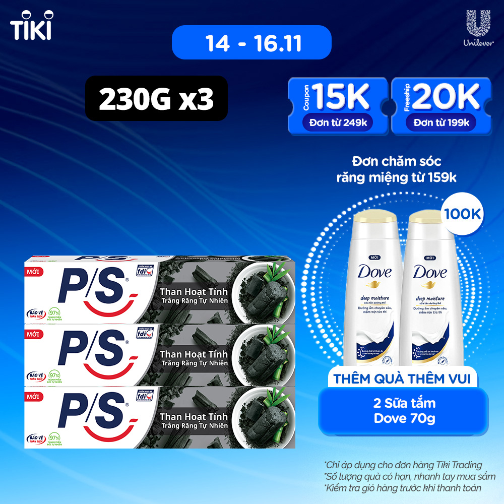 Bộ 3 Kem đánh răng P/S Than Hoạt Tính 230g