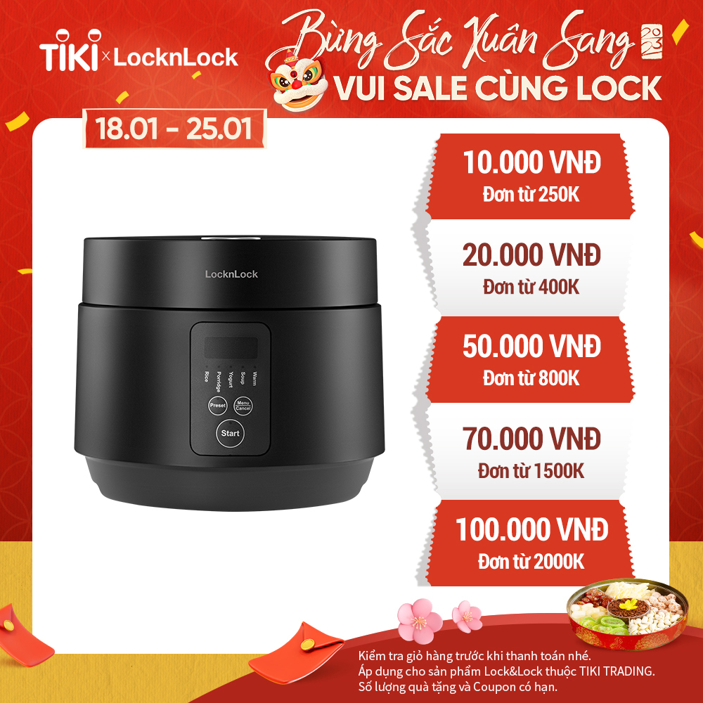 Nồi cơm điện Locknlock EJR346BLK (Giữ ấm 24h - 5 chế độ nấu - lòng nồi chống dính) 1.2 Lít - Black - Hàng chính hãng