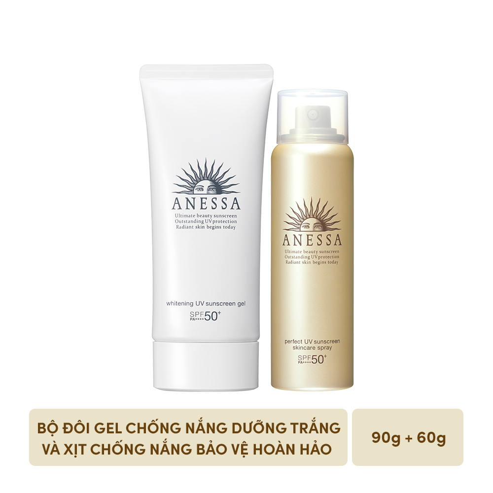 Bộ đôi Kem chống nắng dưỡng trắng dạng gel Anessa Whitening UV Sunscreen Gel 90g + Kem chống nắng dưỡng da dạng xịt bảo vệ hoàn hảo Anessa Perfect UV Sunscreen Skincare Spray 60g