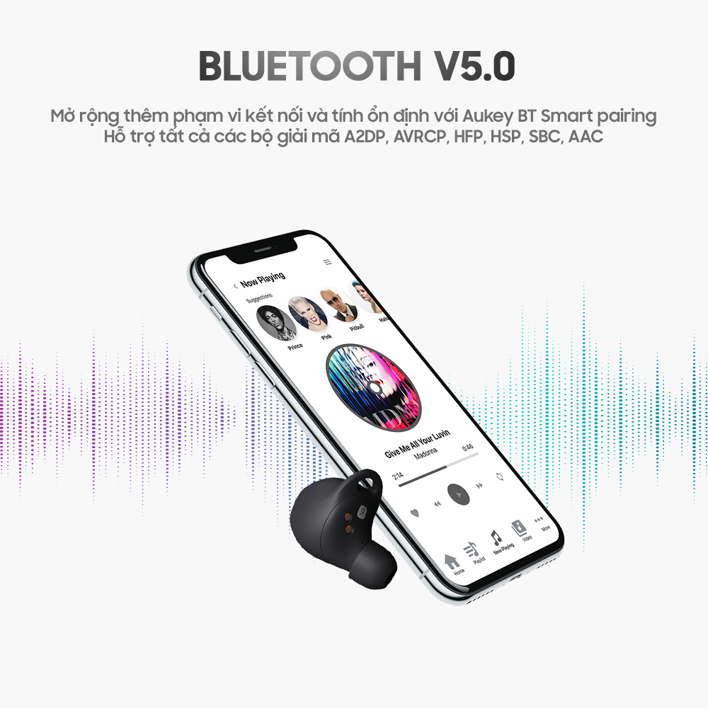 Tai Nghe True Wireless AUKEY EP-T10 Bluetooth 5.0 Hỗ Trợ Sạc Không Dây Chuẩn Chống Nước IPX5 - Hàng Chính Hãng