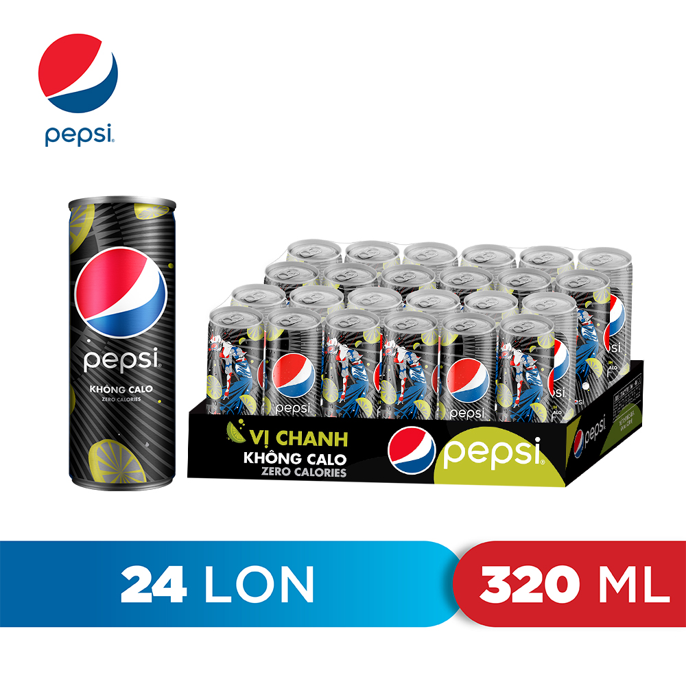 Thùng 24 Lon Nước Uống Có Gaz Pepsi Vị Chanh Không Calo (320ml/Lon)