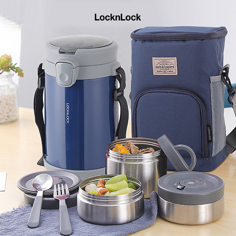 Bộ Hộp Cơm Giữ Nhiệt Lock&Lock Easy Carry 2L LHC8039 Có Túi (1 Hộp 720ml, 2 Hộp 420ml Kèm 1 Bộ Muỗng Và Nĩa)