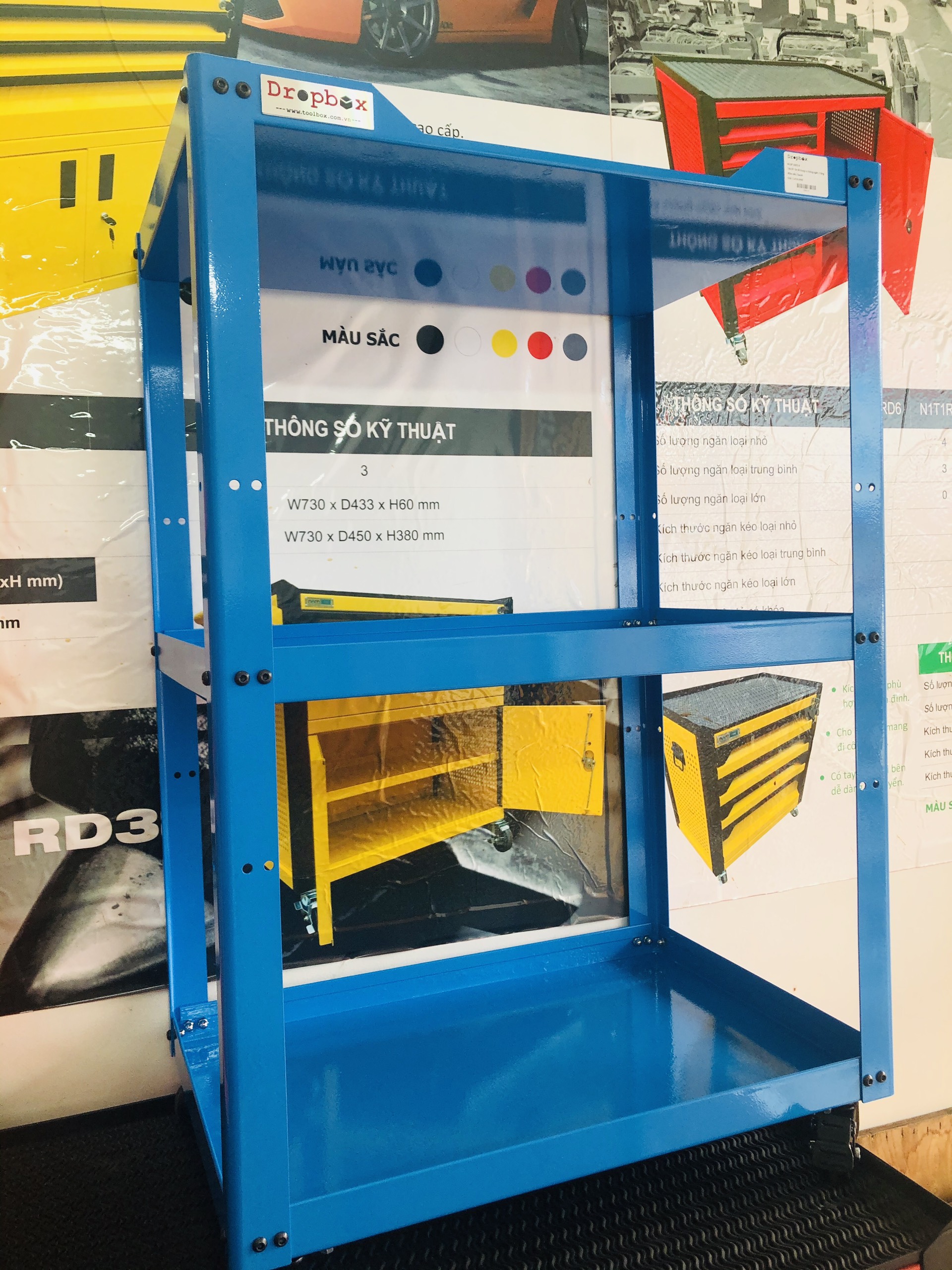 Xe đựng dụng cụ thông ngăn 3 ngăn - DB03 - Màu Cam ∣ Xanh dương - Kích thước W600 x D400 x H900