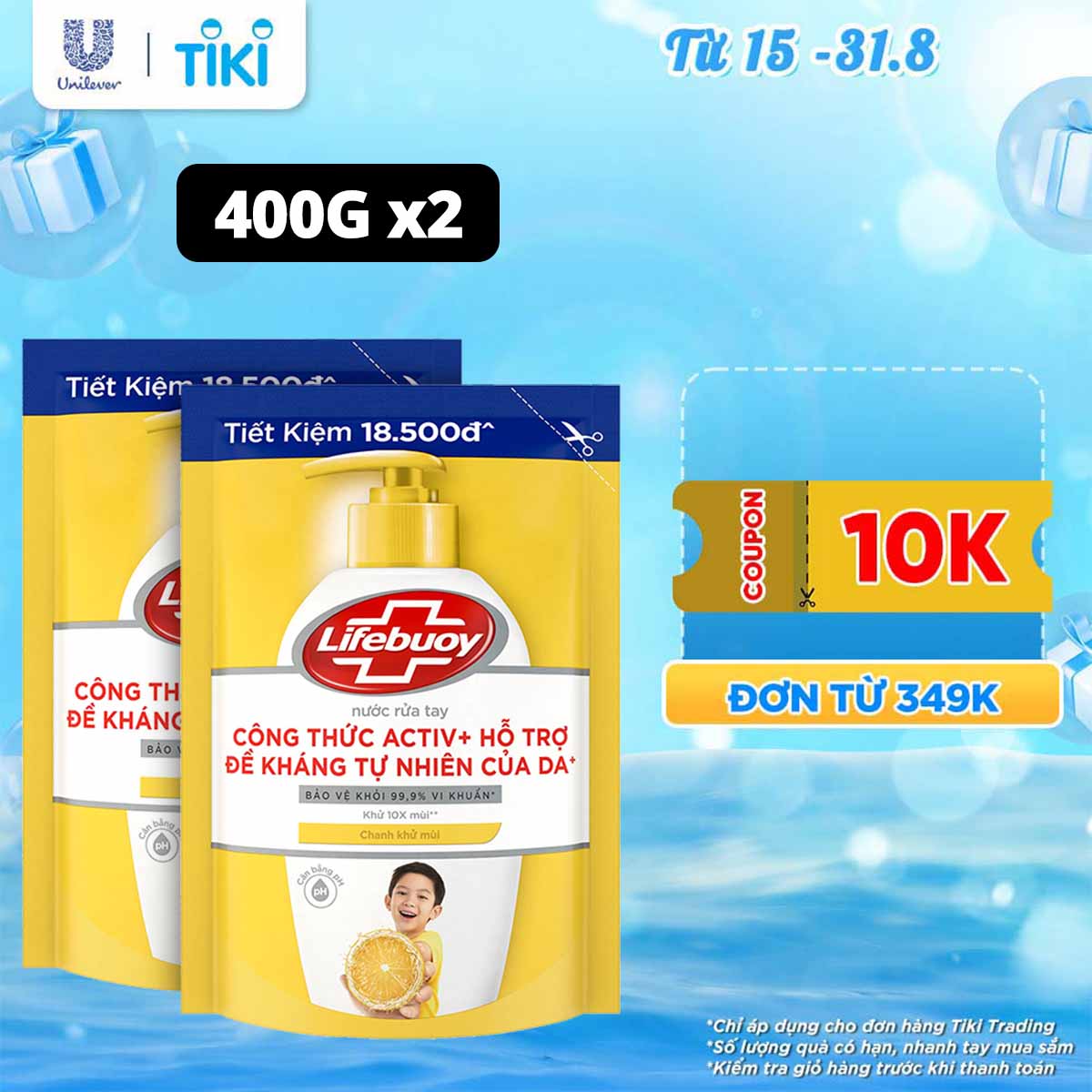 Combo 2 Nước rửa tay Lifebuoy chanh khử mùi túi 400g