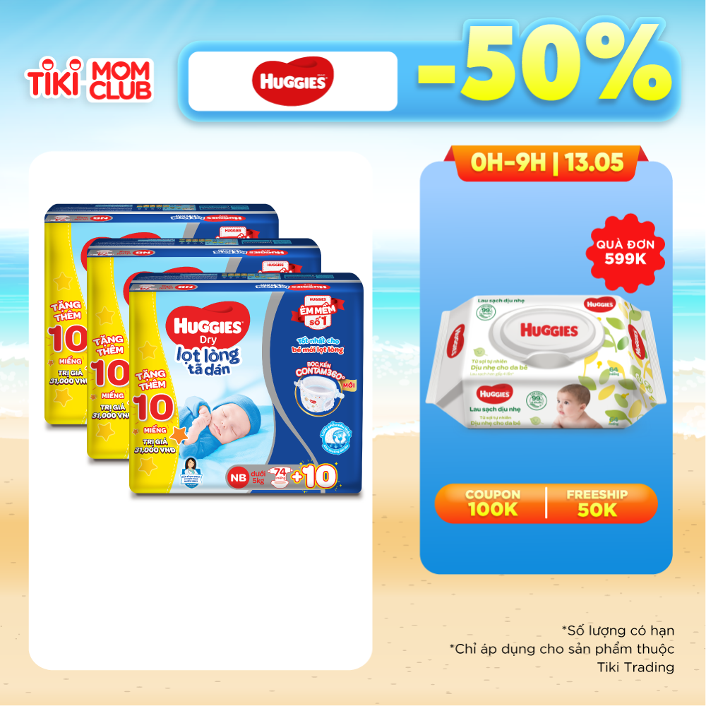 Combo 3 Gói Tã Dán Sơ Sinh Huggies NB74 (Dưới 5kg) - Gói 74 Miếng - Tặng 10 miếng