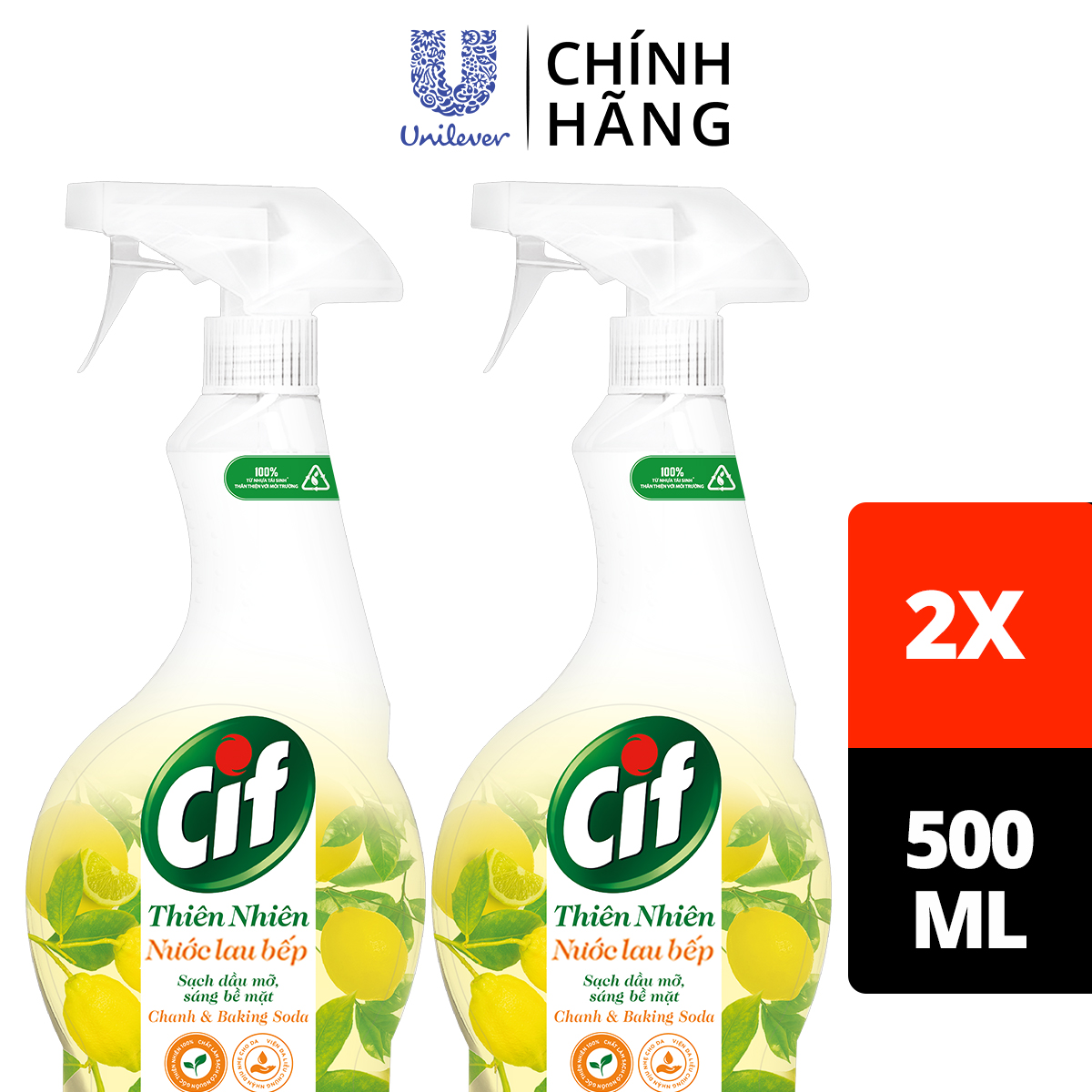 Combo Nước Xịt Vệ Sinh Cif Thiên Nhiên Lau Bếp Hương Chanh &amp; Baking Soda Sạch Dầu Mỡ An Toàn 500ml x 2