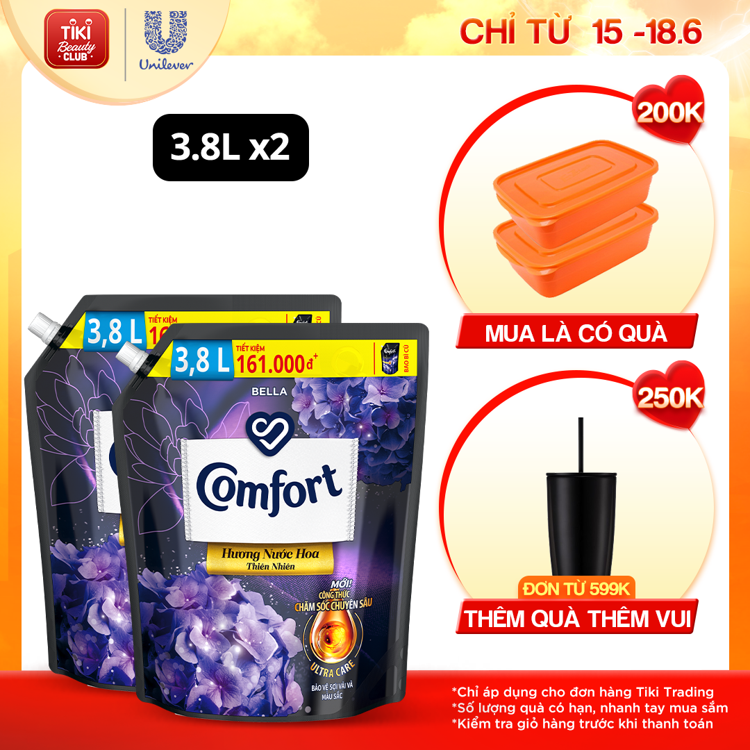 Combo 2 túi nước xả vải làm mềm vải Comfort Chăm sóc Chuyên sâu Hương nước hoa thiên nhiên Bella túi 3.7L