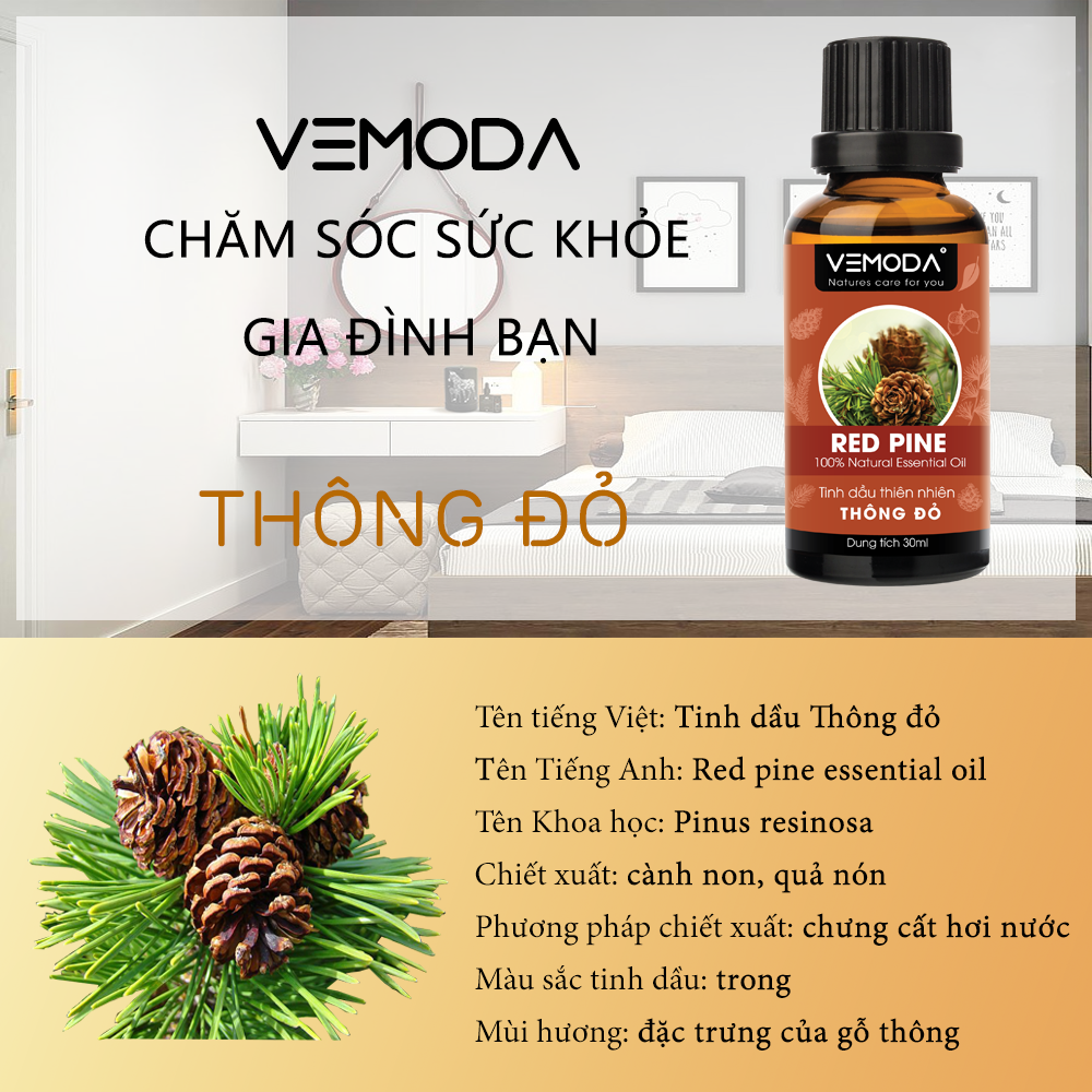 Tinh dầu Thông đỏ cao cấp. Redpine Essential Oil 50ML. Tinh dầu xông phòng giúp thư giãn, giảm căng thẳng, khử mùi, thanh lọc không khí, giữ ấm, giảm ho.Tinh dầu thơm phòng cao cấp Vemoda