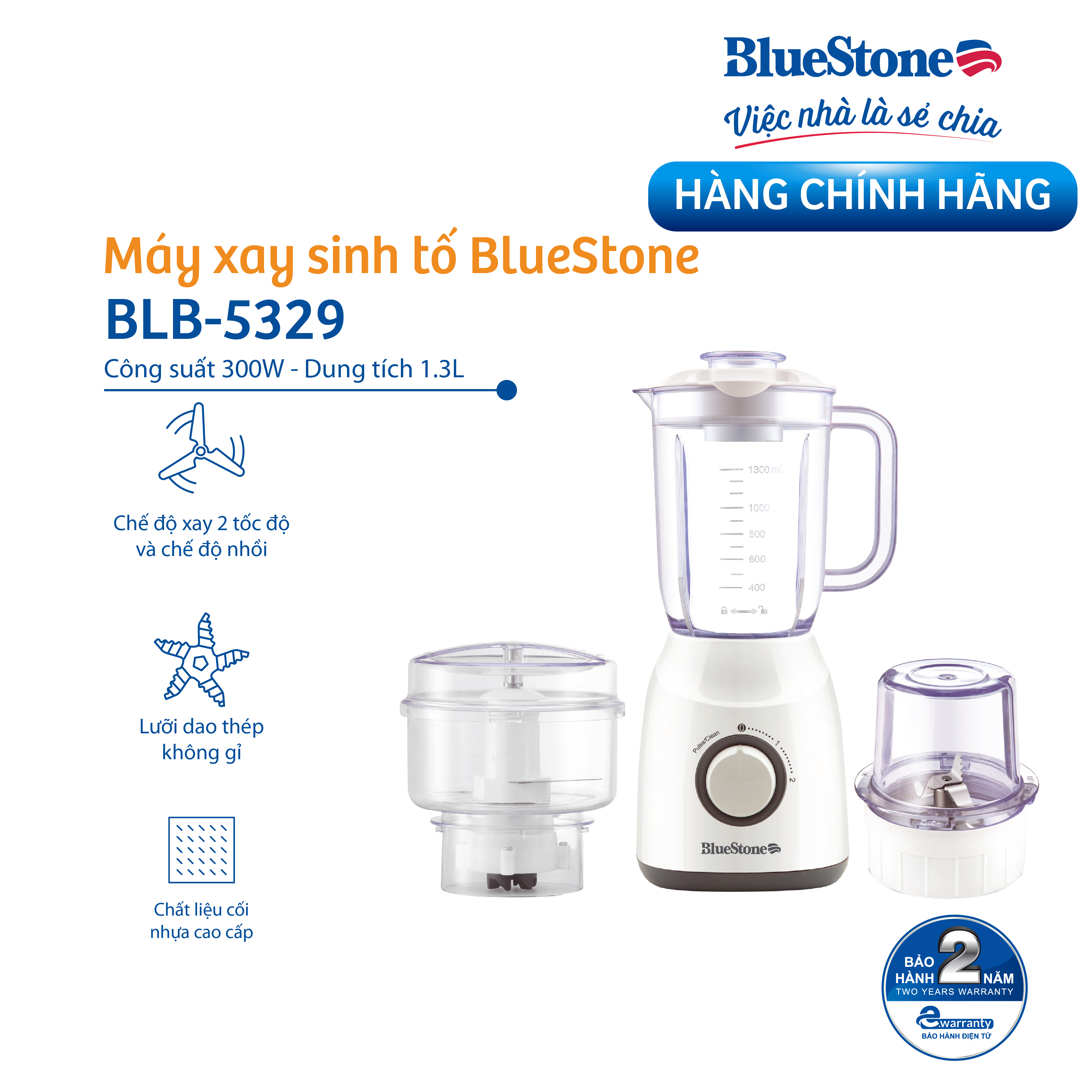 Máy Xay Sinh Tố Bluestone BLB-5329 (300W) - Kèm 3 Cối Đa Dụng - Hàng Chính Hãng