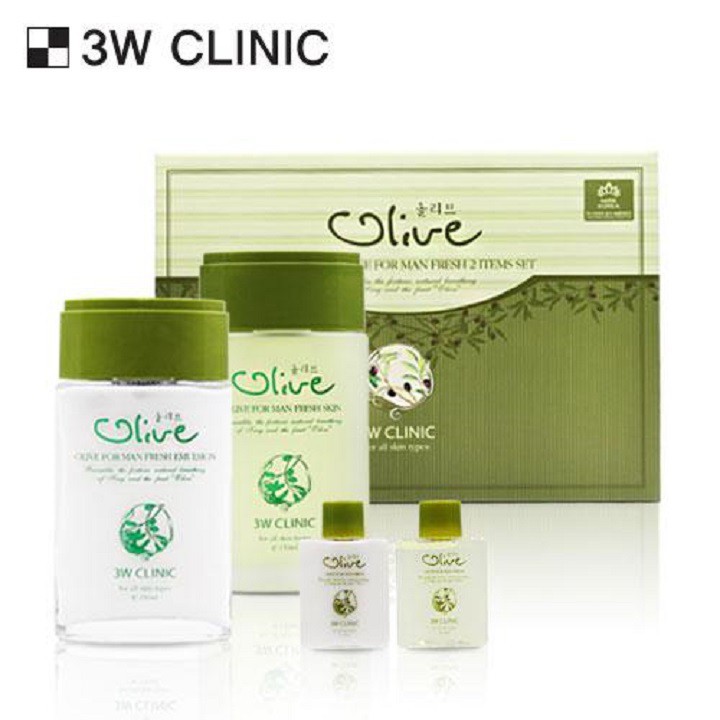 Combo Bộ 2 sản phẩm dưỡng trắng da nam tinh chất dầu Olive 3W CLINIC Hàn Quốc