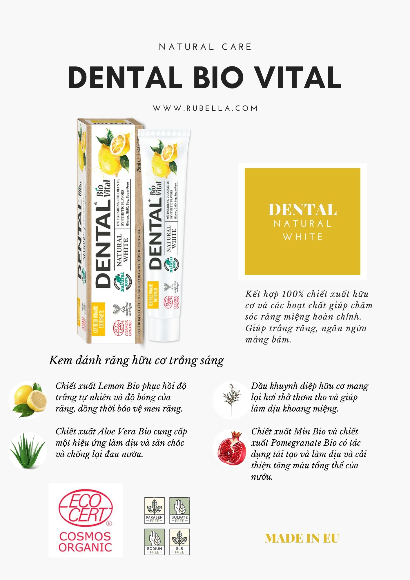 Kem Đánh Răng Organic Trắng Sáng Chiết Xuất Chanh Sinh Học Dental Bio Vital Natural White - Hàng Hữu Cơ Nhập Khẩu