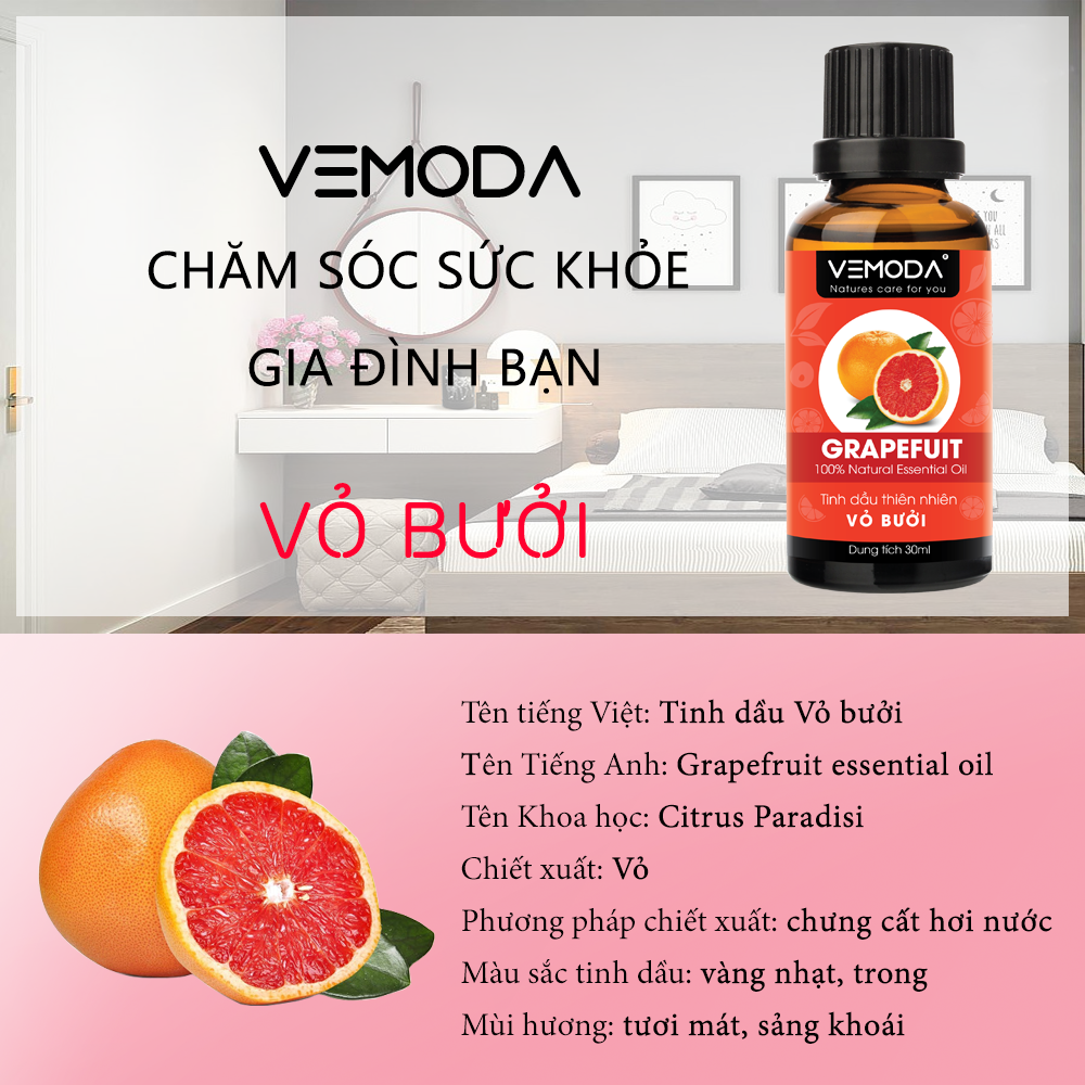 Tinh dầu Vỏ bưởi HG. Grapefruit Essential Oil 50ML. Tinh dầu xông phòng giúp kháng khuẩn, thanh lọc không khí, thư giãn, hỗ trợ giảm cân, chăm sóc da tóc. Tinh dầu thơm phòng cao cấp Vemoda