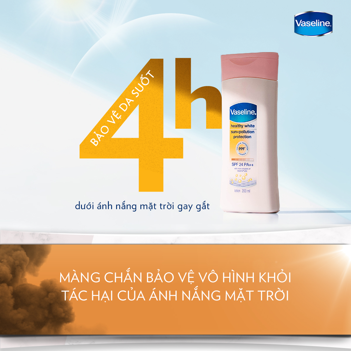 Sữa Dưỡng Thể 200Ml Vaseline Dưỡng Ẩm Sáng Da Chống Nắng Spf24Pa++ Sun + Pollution Protection Bảo Vệ Da Tới 4H Với Spf 24 Pa++